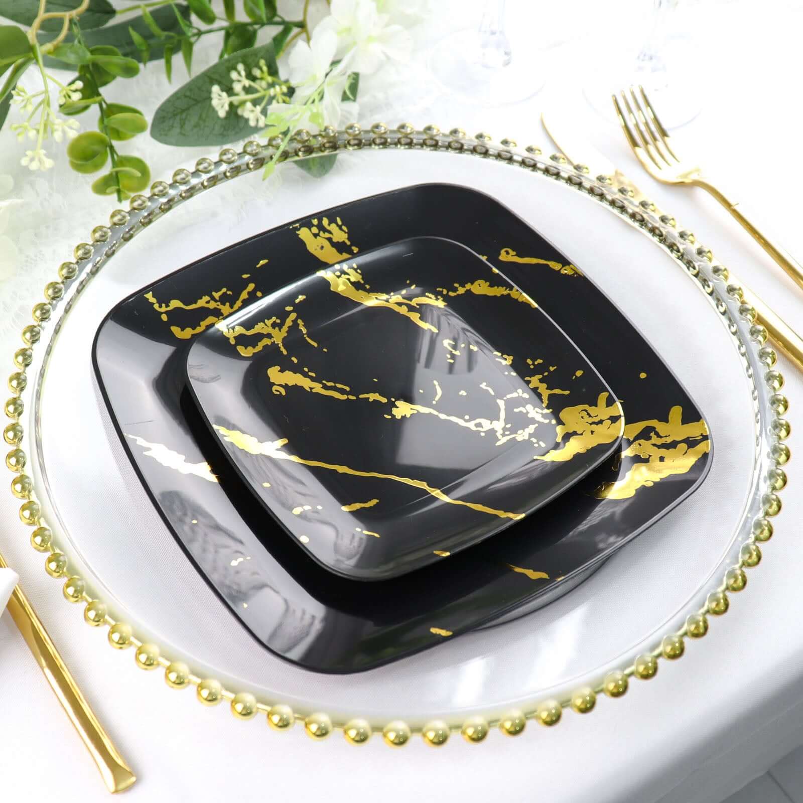 10-Pack Plastic Square Dessert Plates 8" Black with Gold Marble Design - Disposable Appetizer Salad Party Plates - Image 2