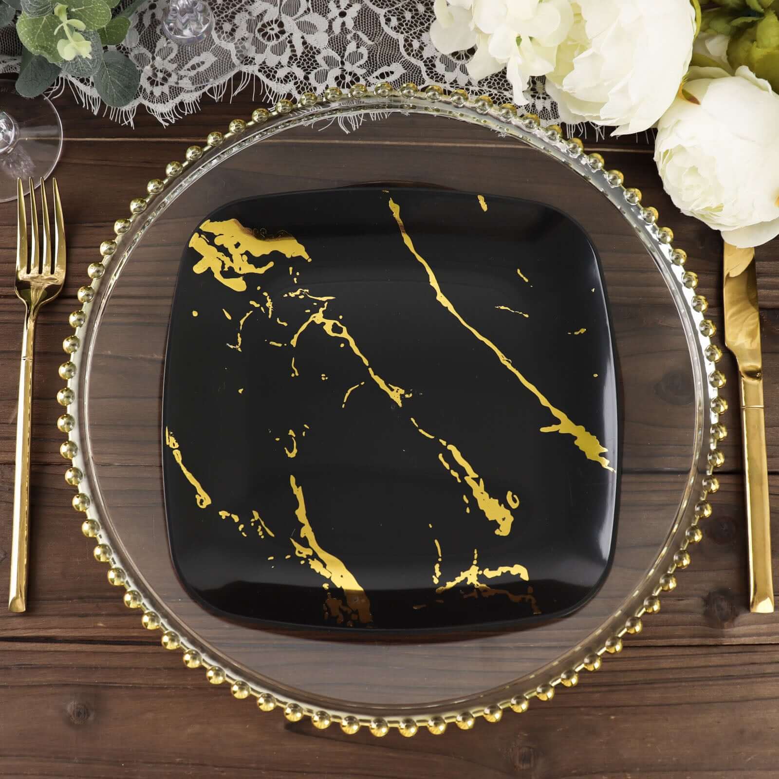 10-Pack Plastic Square Dessert Plates 8" Black with Gold Marble Design - Disposable Appetizer Salad Party Plates - Image 4