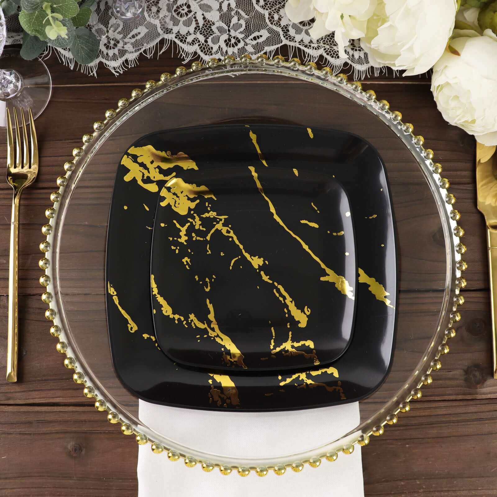 10-Pack Plastic Square Dessert Plates 8" Black with Gold Marble Design - Disposable Appetizer Salad Party Plates - Image 9