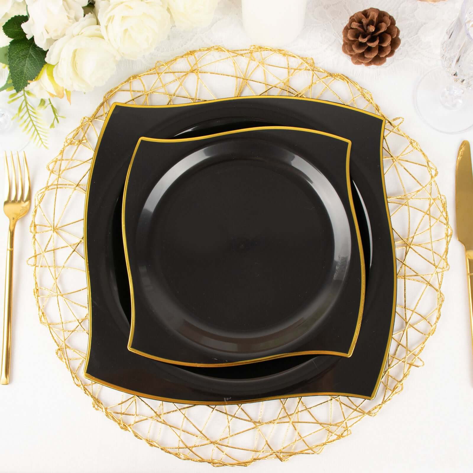 10-Pack Plastic Square Dessert Plates 8" Black with Gold Wavy Rim Modern - Disposable Salad Appetizer Party Plates - Image 2