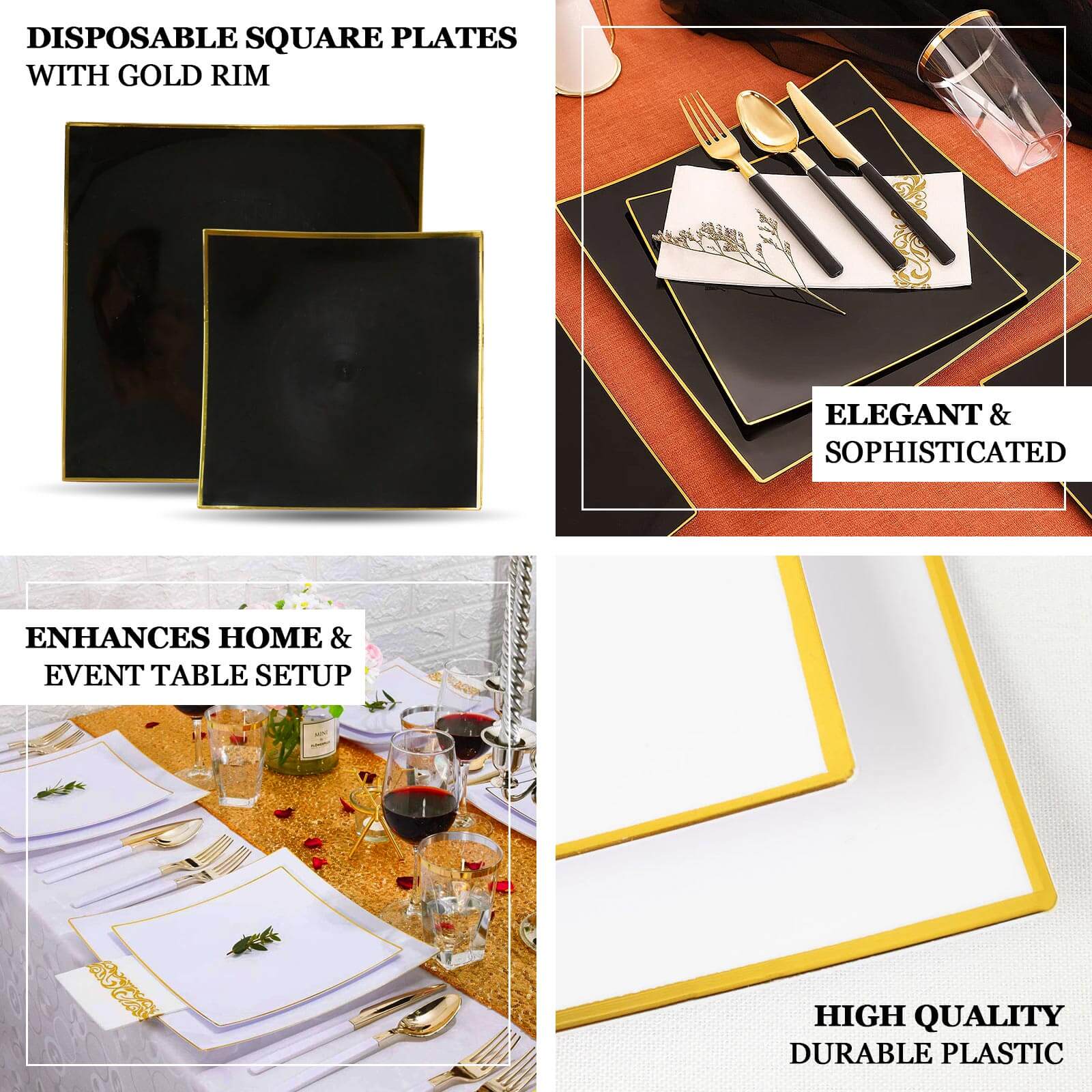 10-Pack Plastic Square Dessert Plates 8" Clear Concave Style with Gold Rim - Modern Disposable Salad Appetizer Party Plates - Image 4