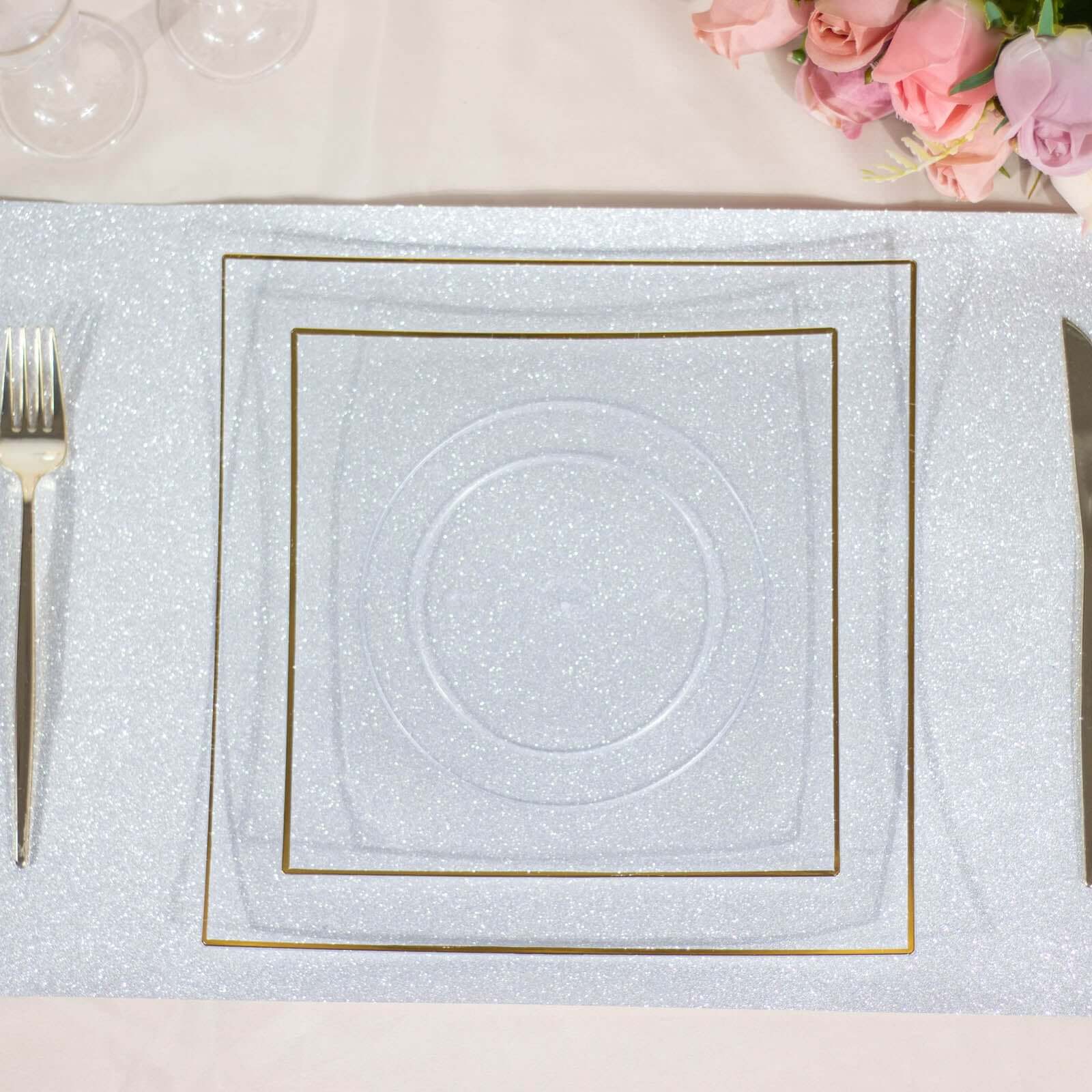 10-Pack Plastic Square Dessert Plates 8" Clear Concave Style with Gold Rim - Modern Disposable Salad Appetizer Party Plates - Image 9