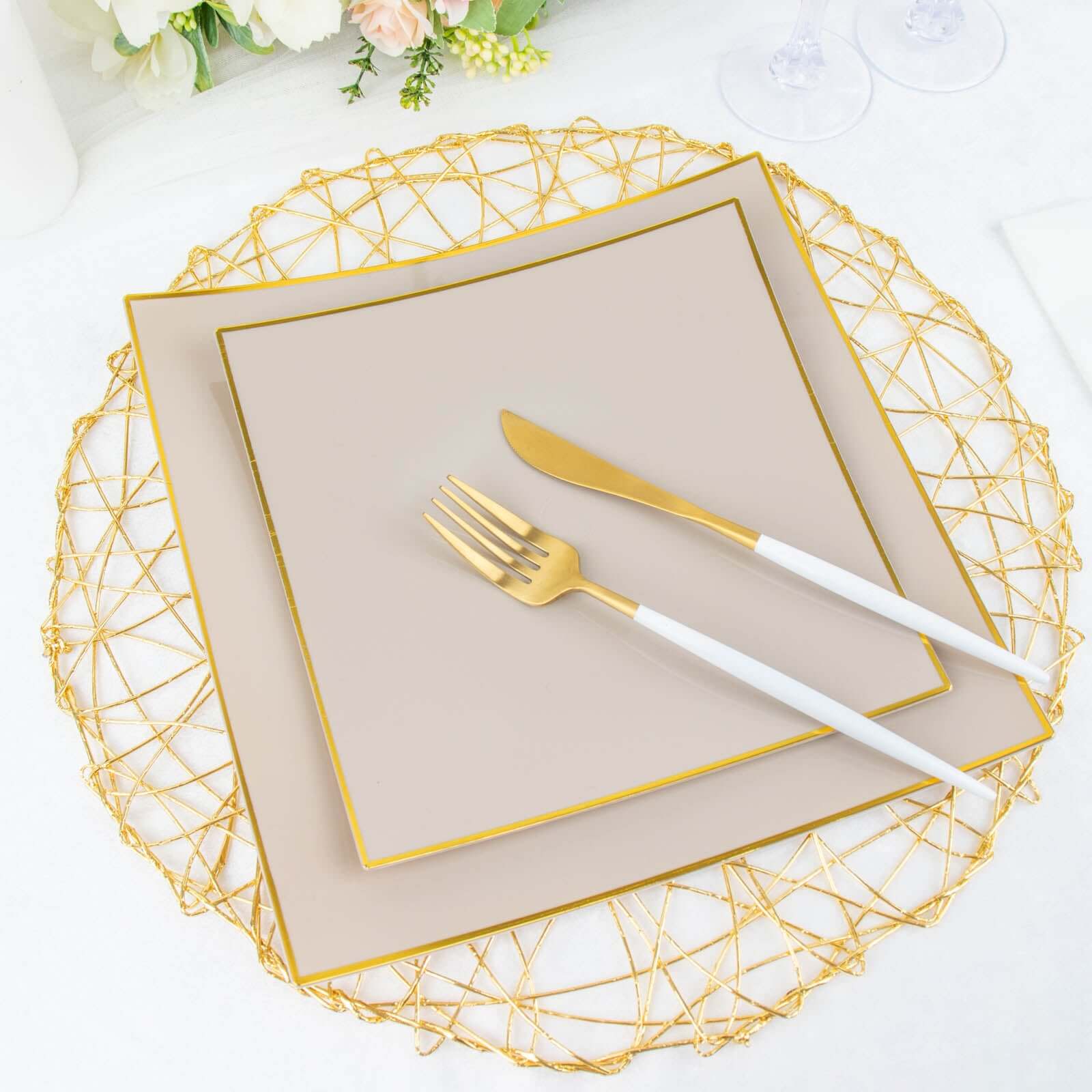 10-Pack Plastic Square Dessert Plates 8" Taupe Concave Style with Gold Rim - Modern Disposable Salad Appetizer Party Plates - Image 2