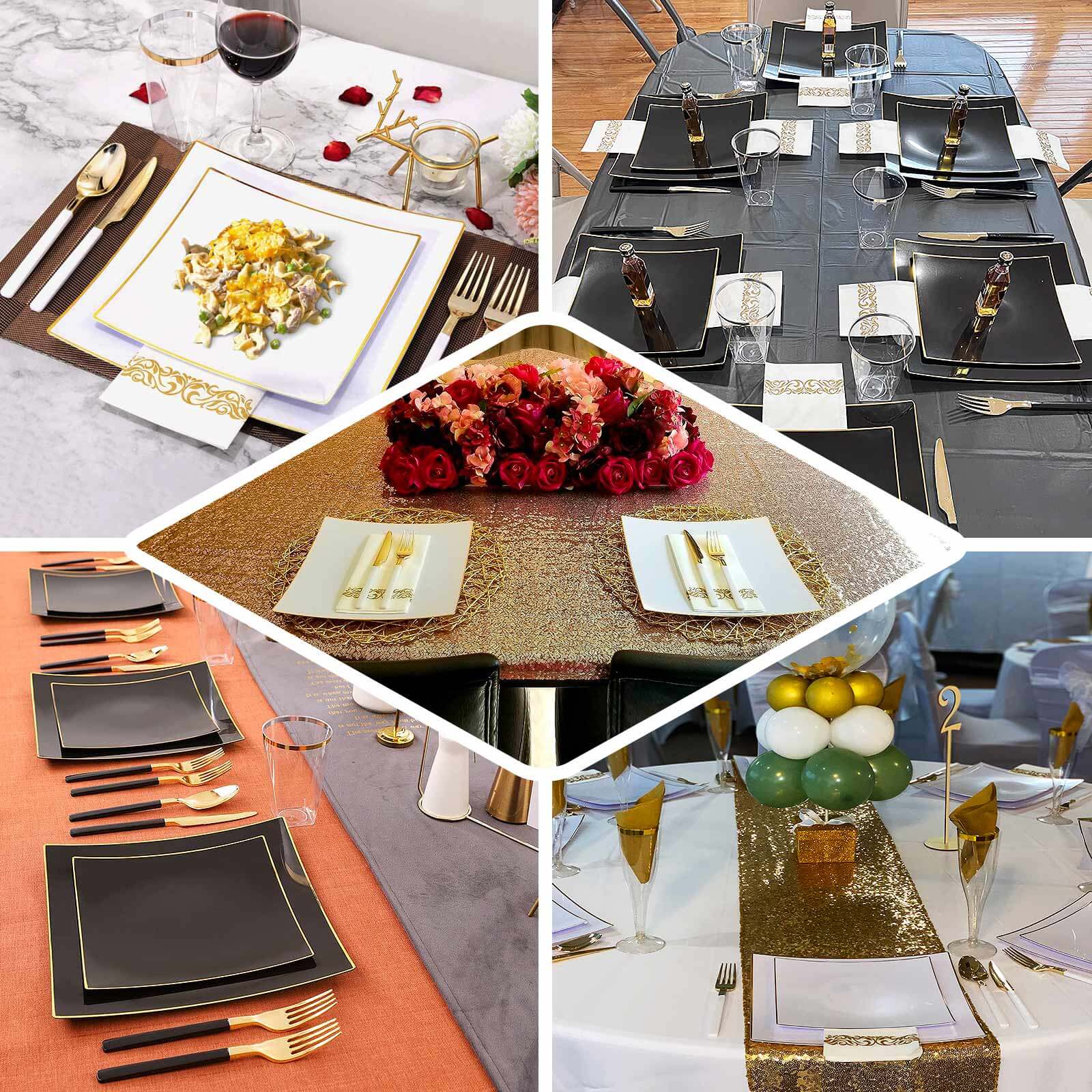 10-Pack Plastic Square Dessert Plates 8" White Concave Style with Gold Rim - Modern Disposable Salad Appetizer Party Plates for Formal Dinners & Banquets - Image 5