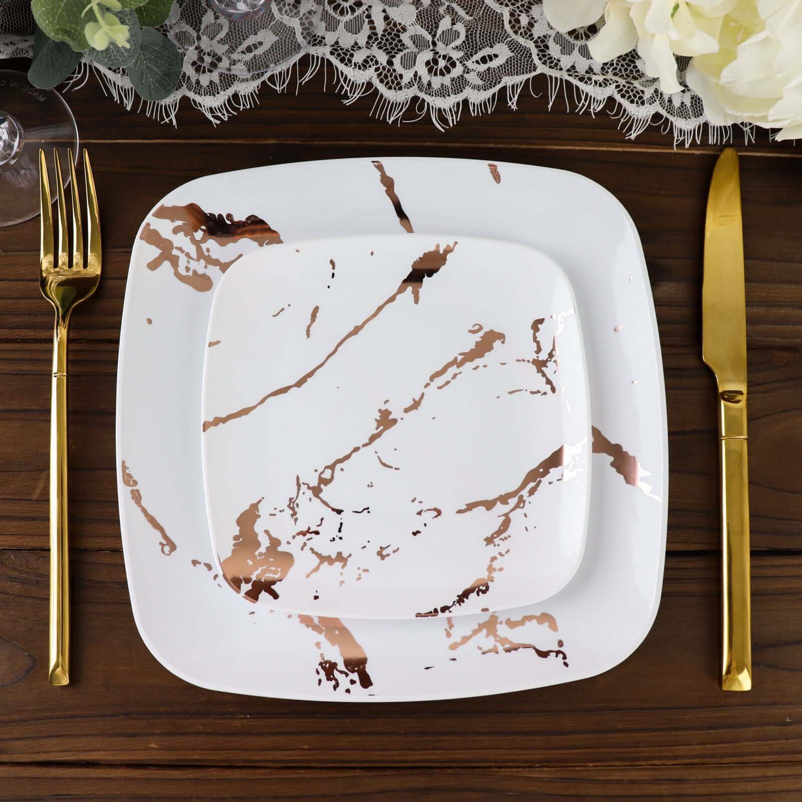 10-Pack Plastic Square Dessert Plates 8" White with Rose Gold Marble Design - Disposable Appetizer Salad Party Plates - Image 6