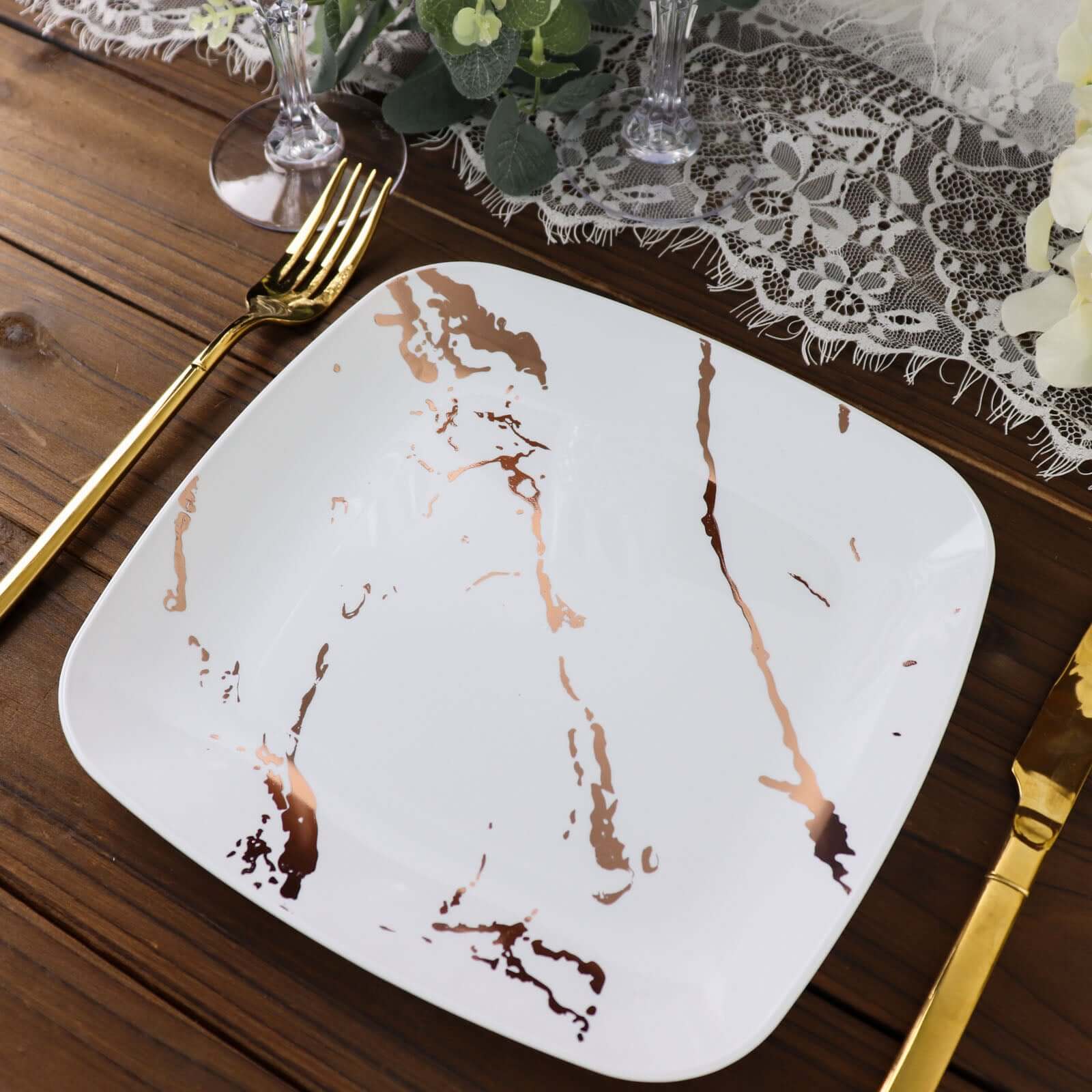 10-Pack Plastic Square Dessert Plates 8" White with Rose Gold Marble Design - Disposable Appetizer Salad Party Plates - Image 8