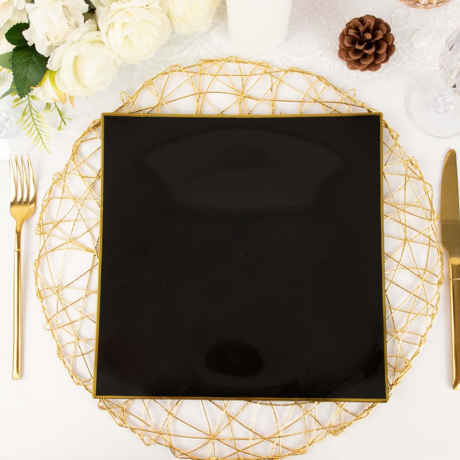 10-Pack Plastic Square Dinner Plates 10" Black Concave Style with Gold Rim - Modern Disposable Party Plates - Image 13