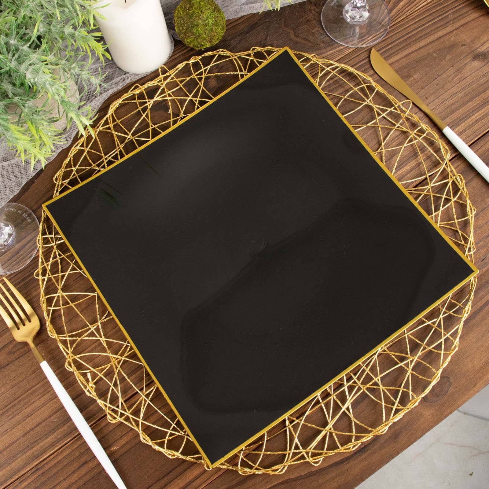 10-Pack Plastic Square Dinner Plates 10" Black Concave Style with Gold Rim - Modern Disposable Party Plates - Image 8