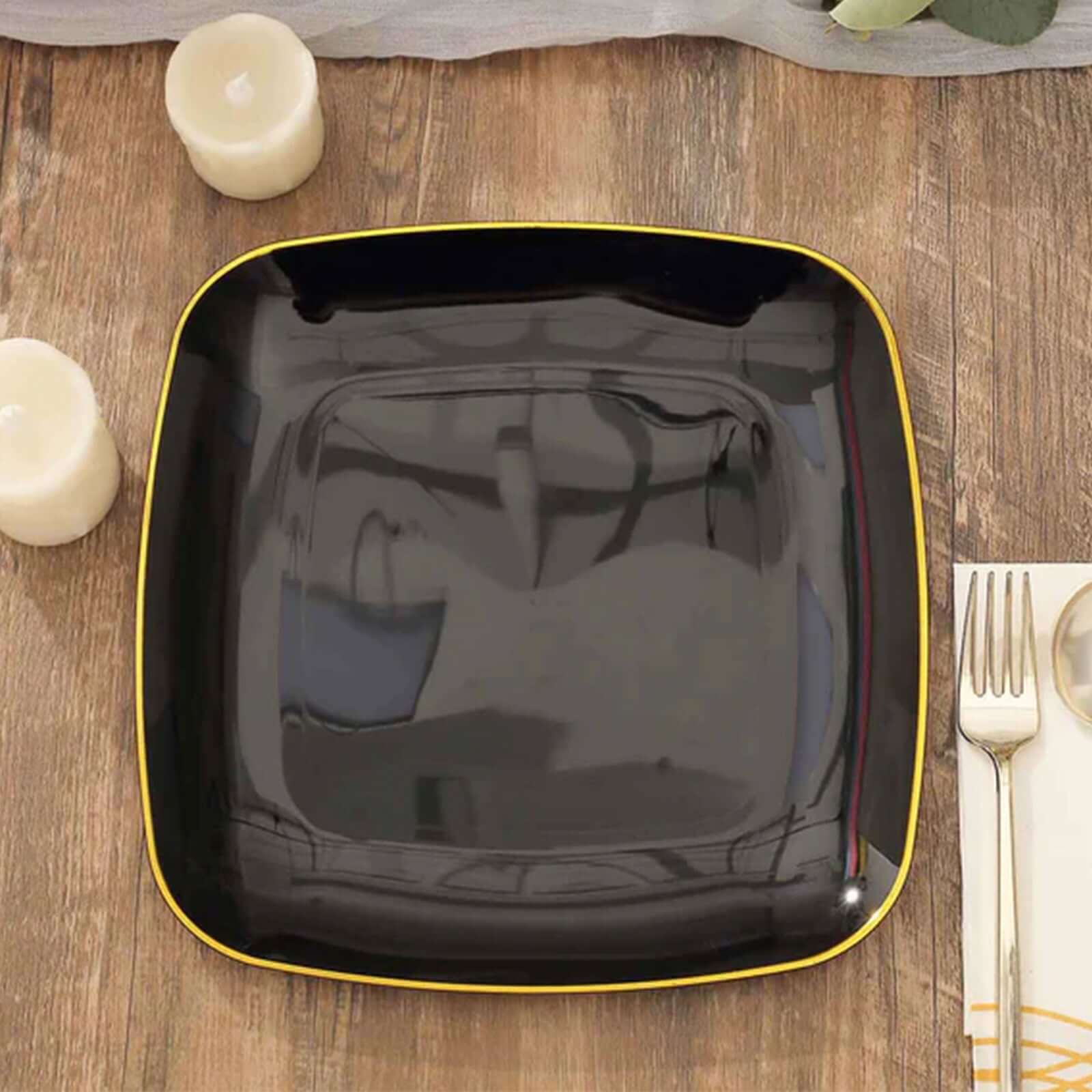10-Pack Plastic Square Dinner Plates 10" Black with Gold Rim - Sleek Disposable Lunch Party Plates - Image 4