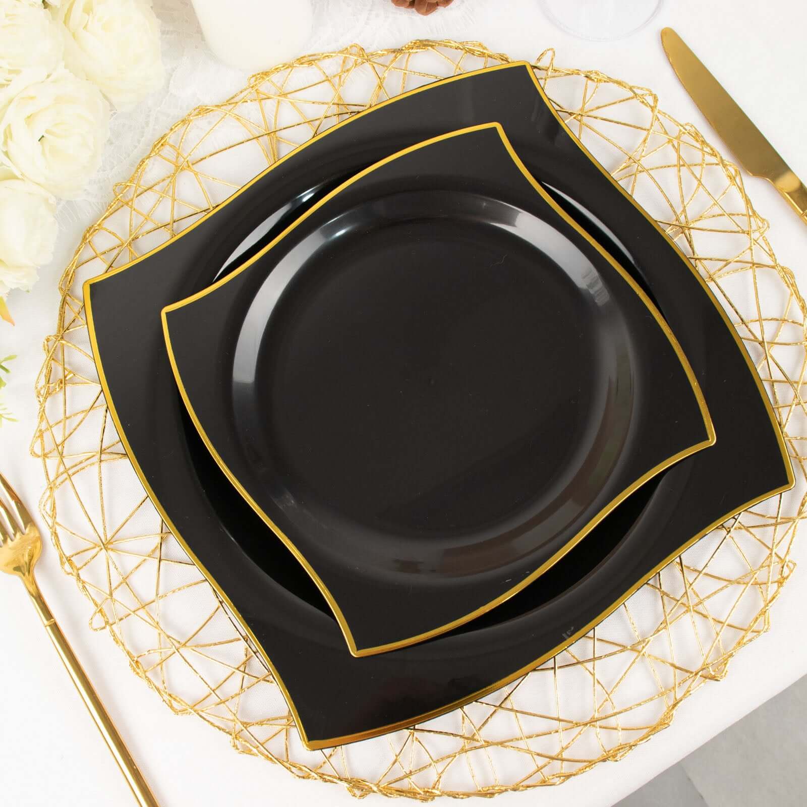 10-Pack Plastic Square Dinner Plates 10" Black with Gold Wavy Rim Modern - Disposable Party Plates - Image 11