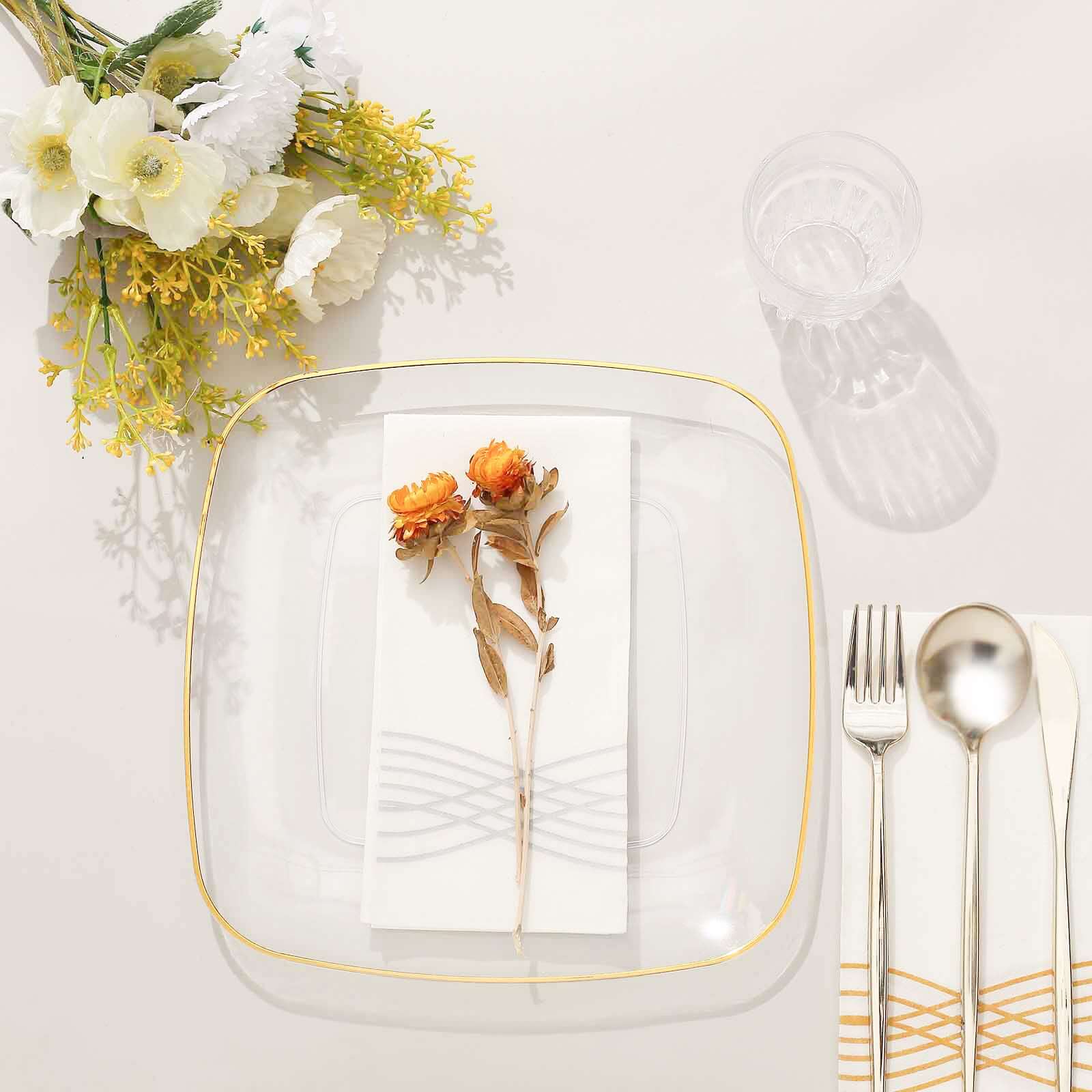 10-Pack Plastic Square Dinner Plates 10" Clear with Gold Rim - Sleek Disposable Lunch Party Plates - Image 10