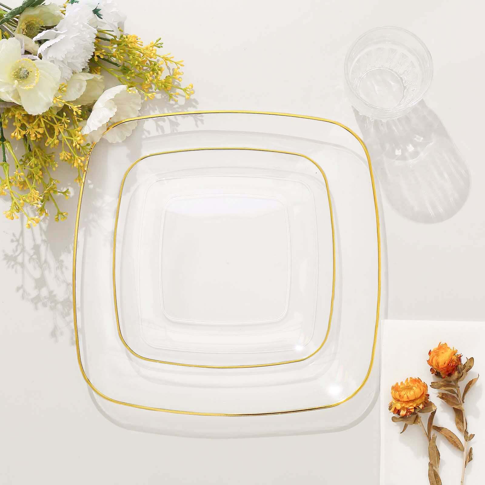 10-Pack Plastic Square Dinner Plates 10" Clear with Gold Rim - Sleek Disposable Lunch Party Plates - Image 2
