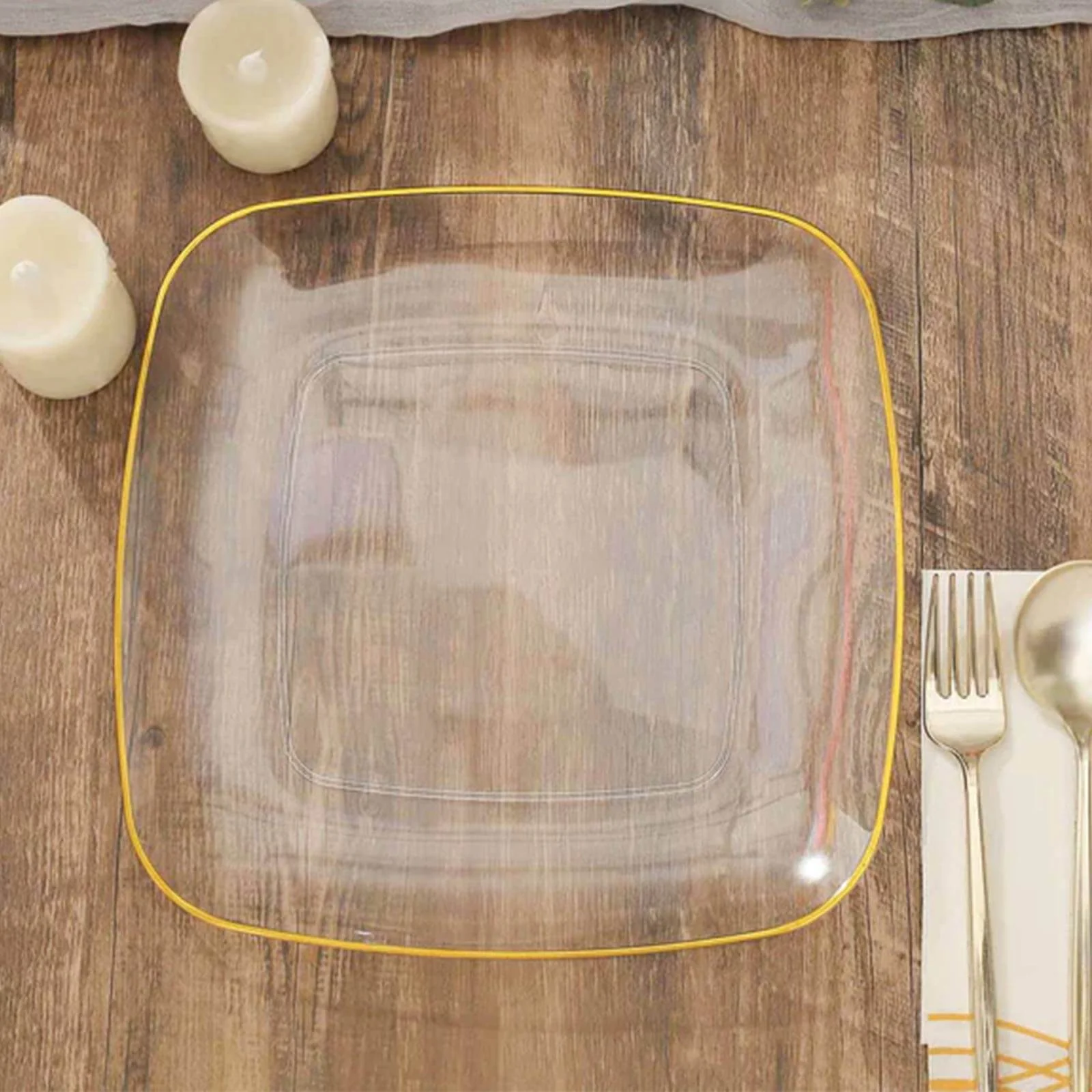 10-Pack Plastic Square Dinner Plates 10" Clear with Gold Rim - Sleek Disposable Lunch Party Plates - Image 4