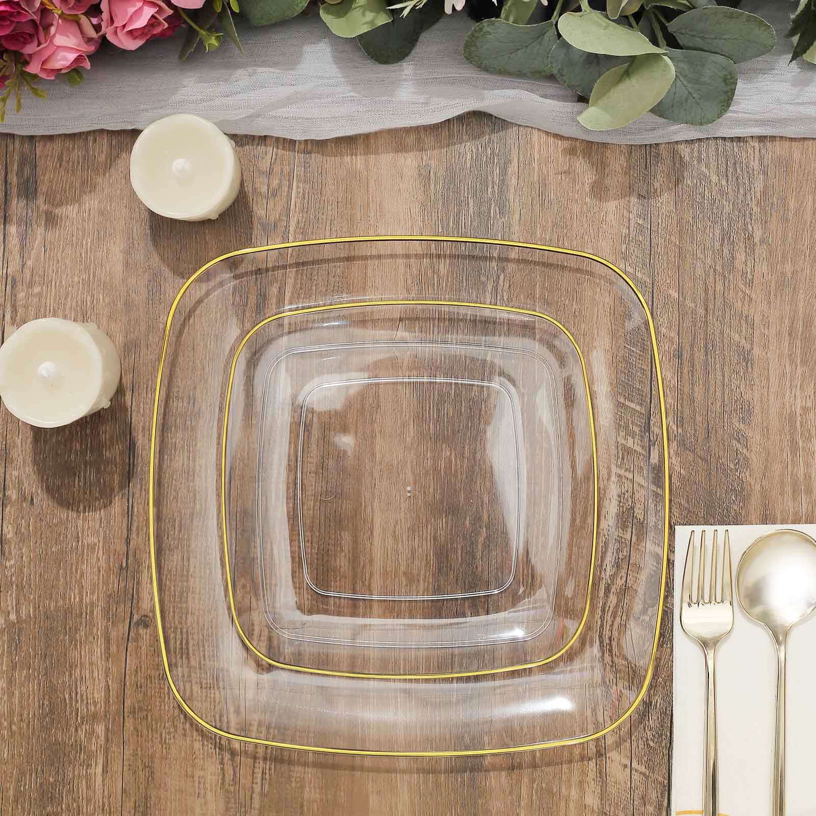10-Pack Plastic Square Dinner Plates 10" Clear with Gold Rim - Sleek Disposable Lunch Party Plates - Image 5