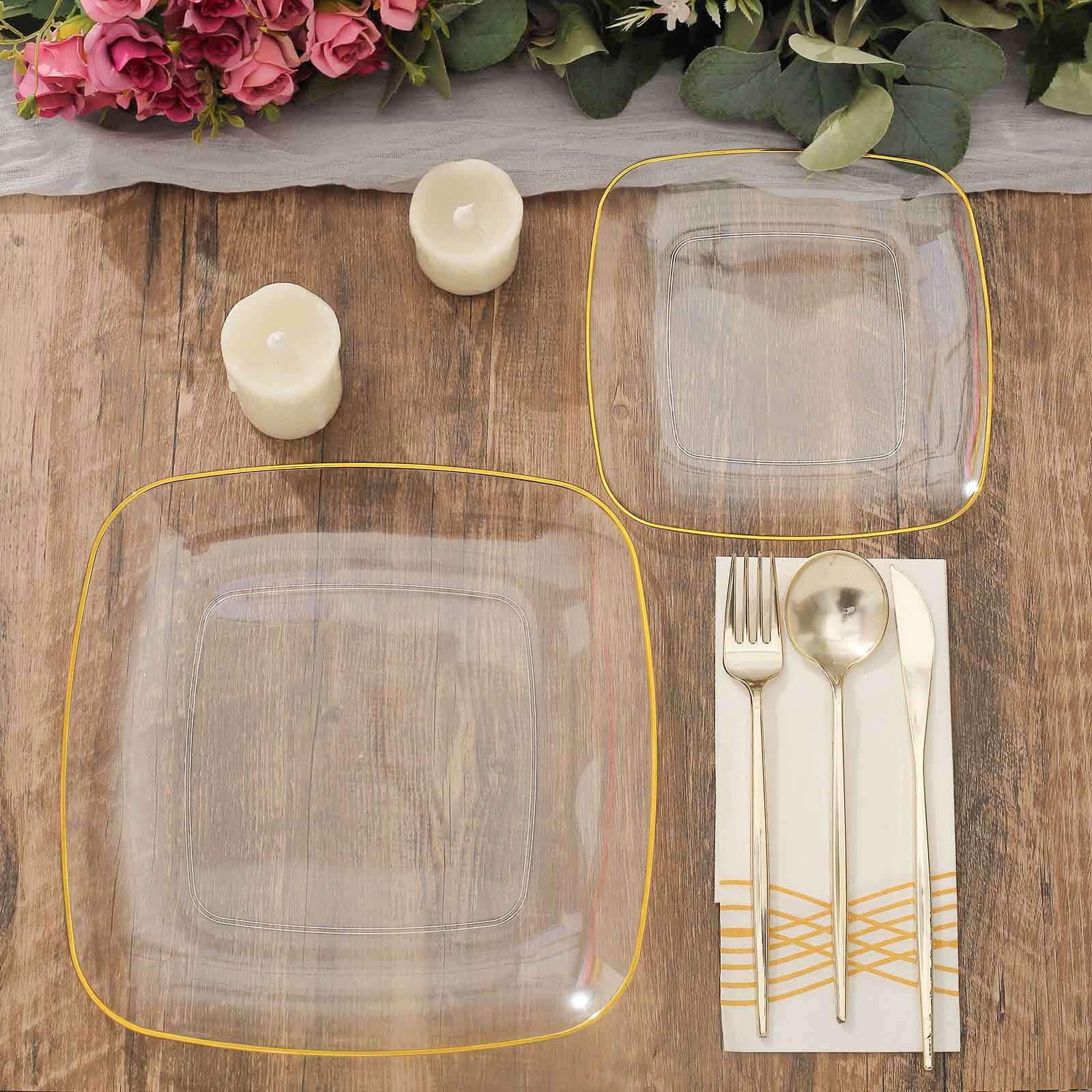10-Pack Plastic Square Dinner Plates 10" Clear with Gold Rim - Sleek Disposable Lunch Party Plates - Image 6