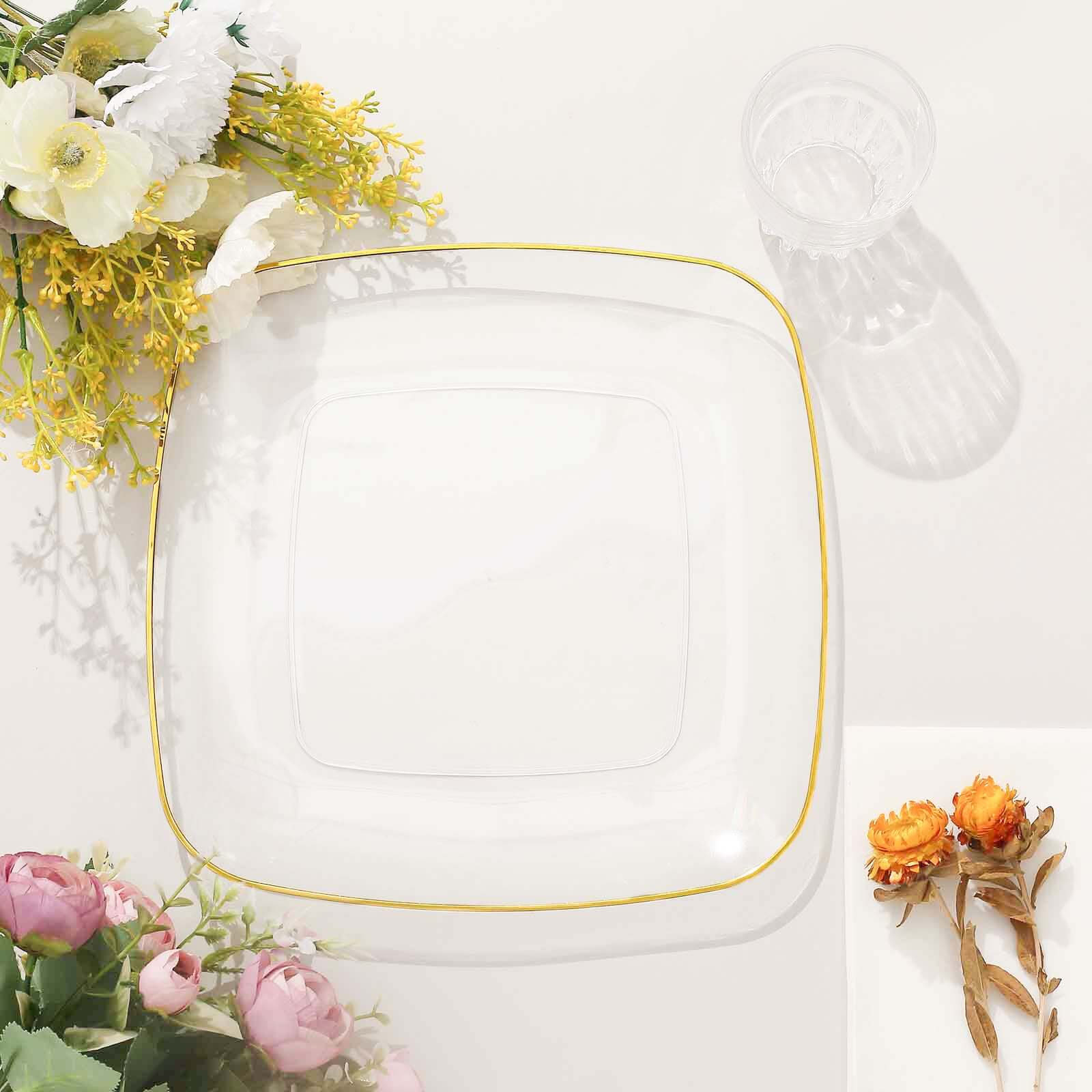 10-Pack Plastic Square Dinner Plates 10" Clear with Gold Rim - Sleek Disposable Lunch Party Plates - Image 8