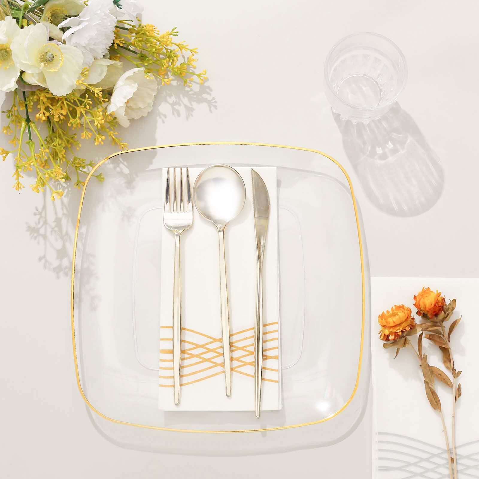 10-Pack Plastic Square Dinner Plates 10" Clear with Gold Rim - Sleek Disposable Lunch Party Plates - Image 9