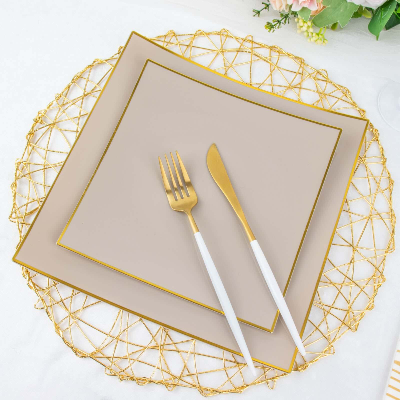 10-Pack Plastic Square Dinner Plates 10" Taupe Concave Style with Gold Rim - Modern Disposable Party Plates - Image 2