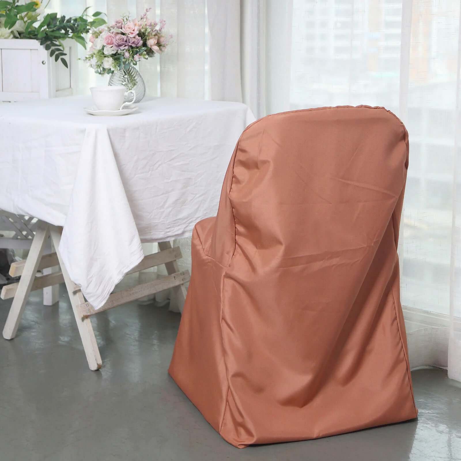 10 Pack Polyester Folding Chair Covers Terracotta (Rust) - Reusable Stain-Resistant Slipcovers - Image 2