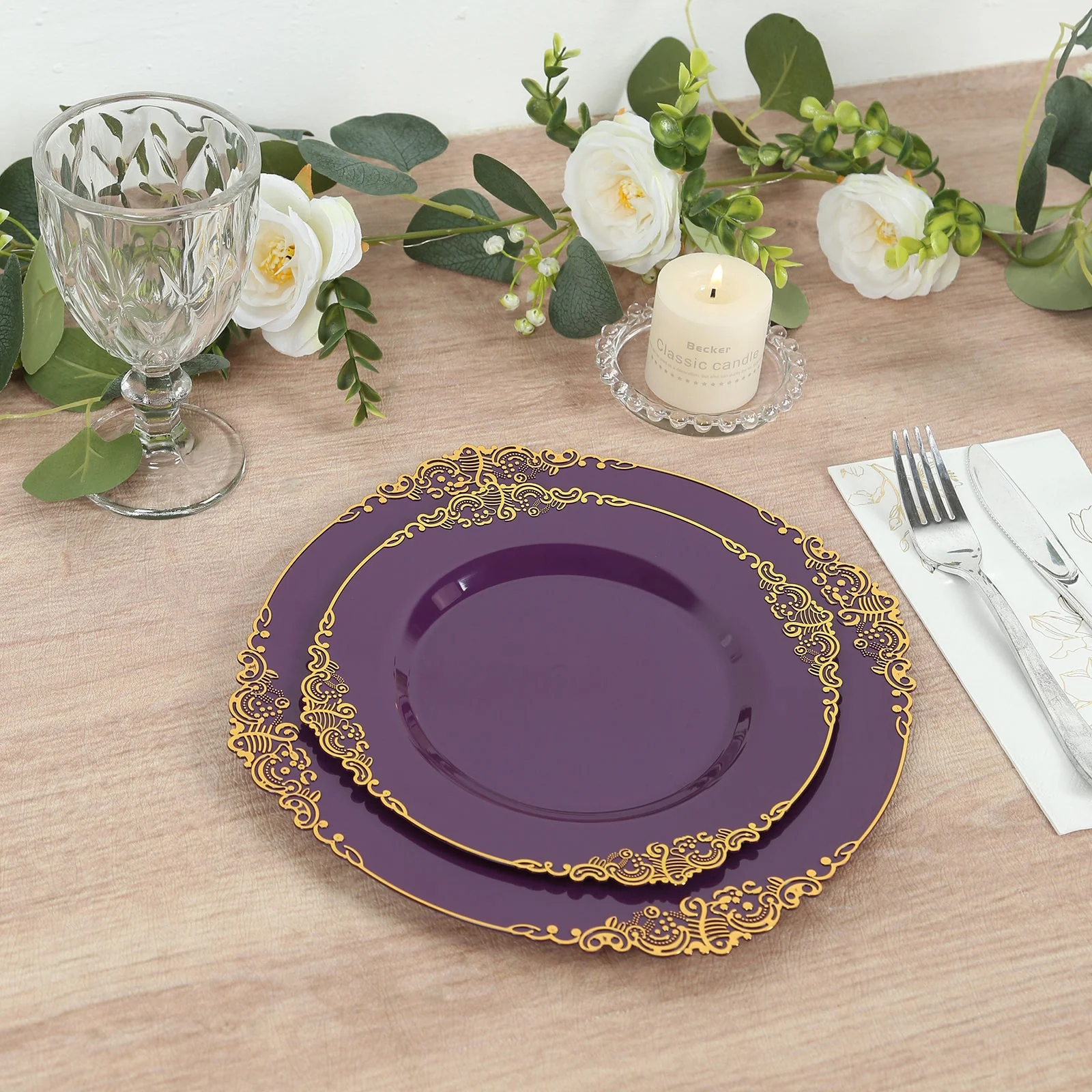 10-Pack Plastic Round Dessert Plates 8" Purple with Gold Leaf Embossed Rim - Vintage Baroque Style Disposable Salad Plates - Image 2