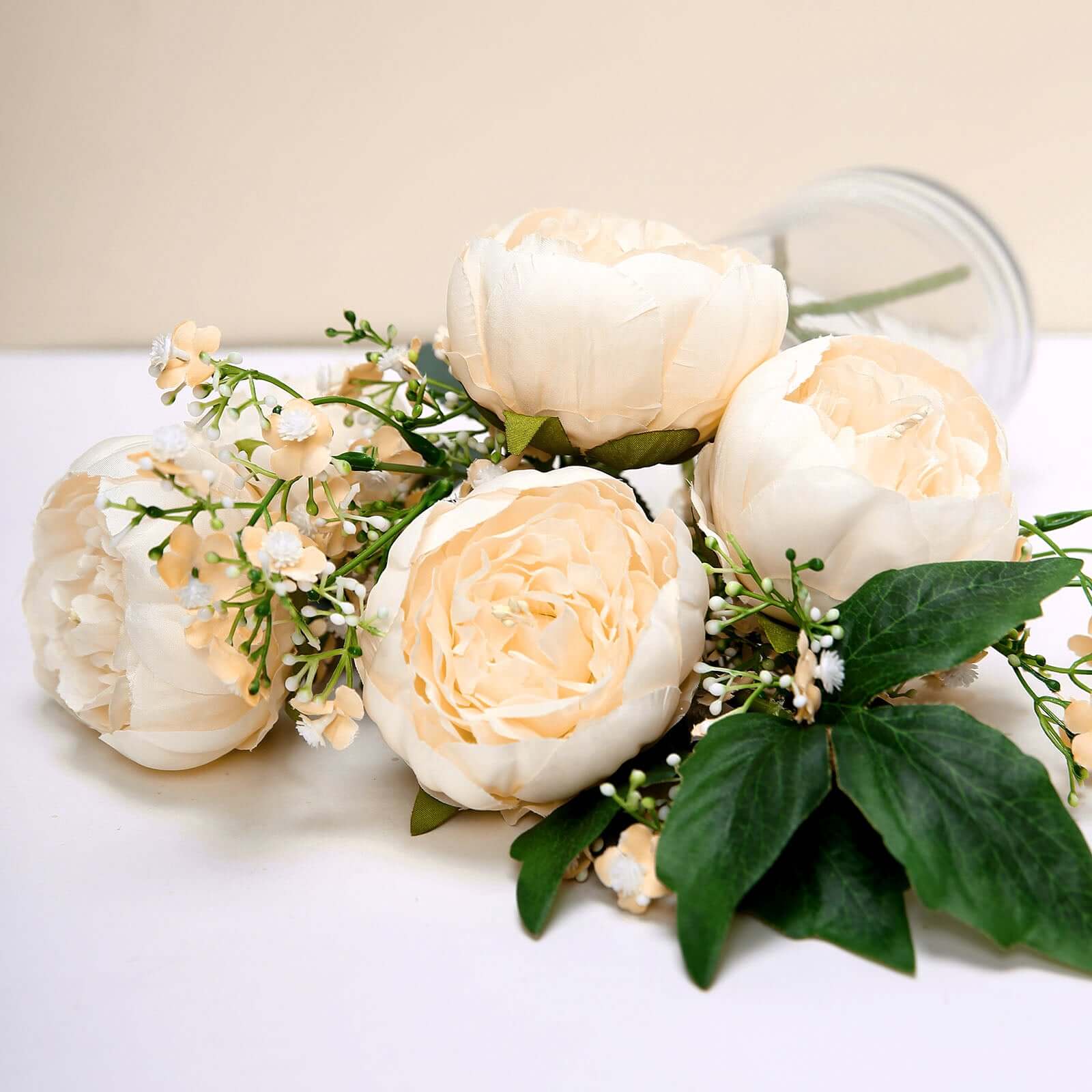 10-Pack Silk Peony Flower Heads 3" Beige - Realistic Faux Craft Flowers for Wedding Bouquets Centerpieces & Decorations - Image 6