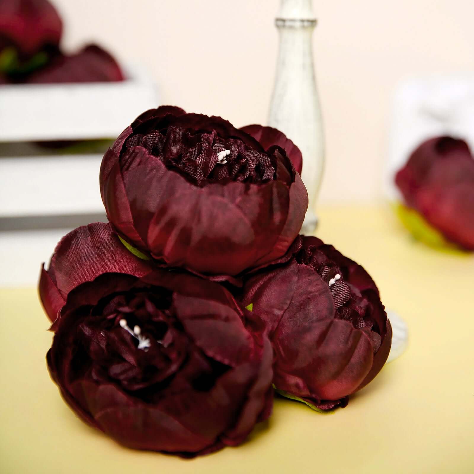 10-Pack Silk Peony Flower Heads 3" Burgundy - Realistic Faux Craft Flowers for Wedding Bouquets Centerpieces & Decorations - Image 2