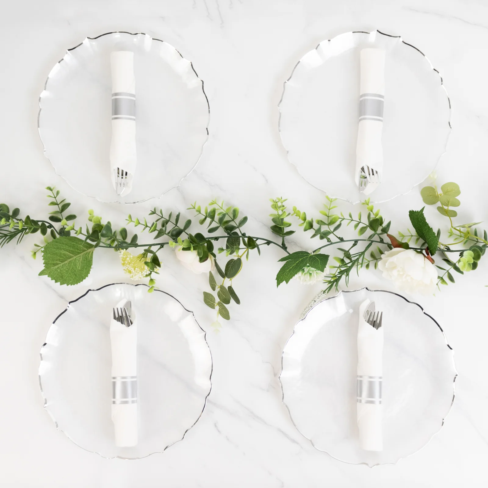 10-Pack Plastic Round Dinner Plates 10" Pearl White Sunflower with Silver Scalloped Rim - Disposable Party Plates for Sophisticated Events & Celebrations - Image 2