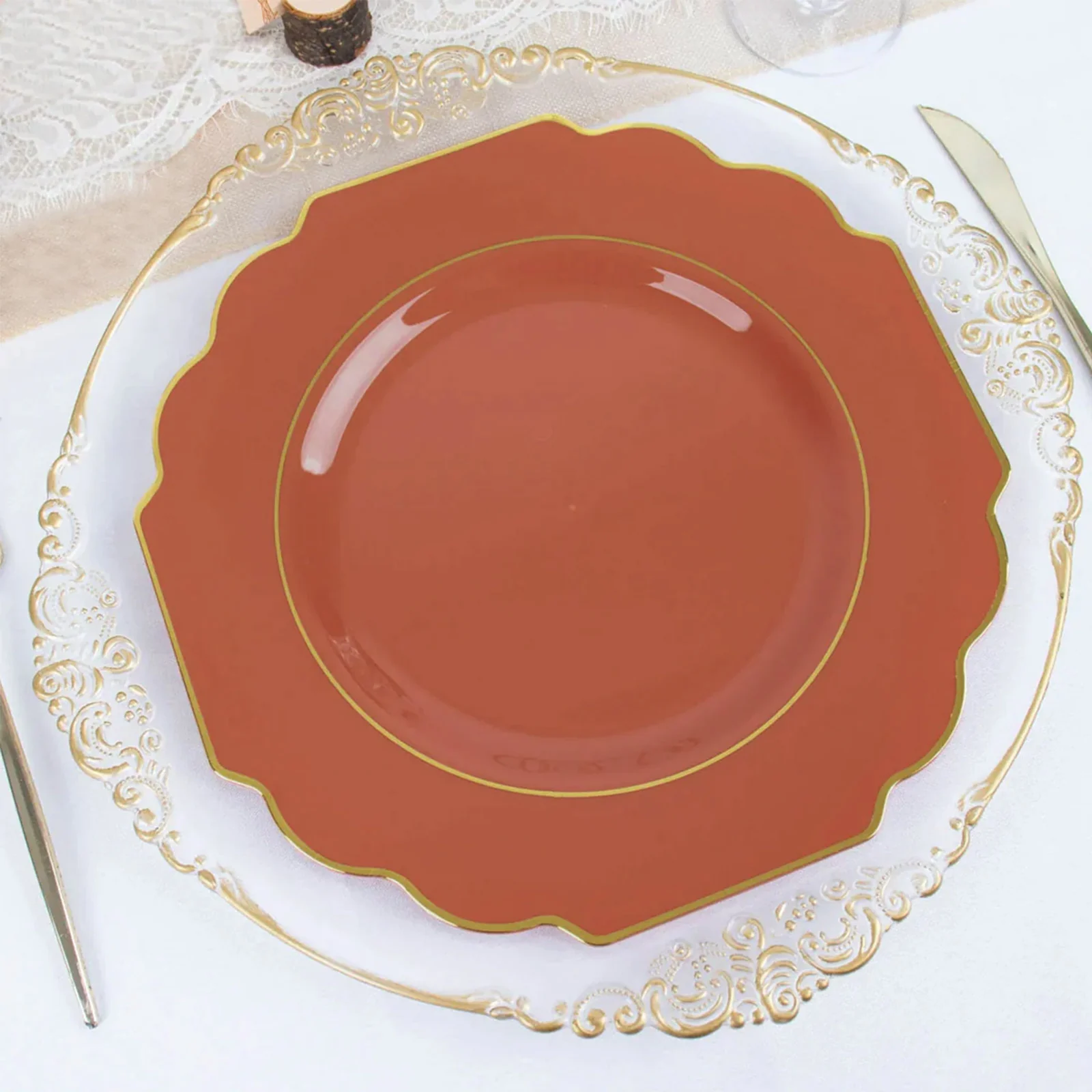 10 Pack Terracotta (Rust) Hard Plastic Baroque Dinner Plates with Gold Rim, Heavy Duty Disposable Dinnerware 11"