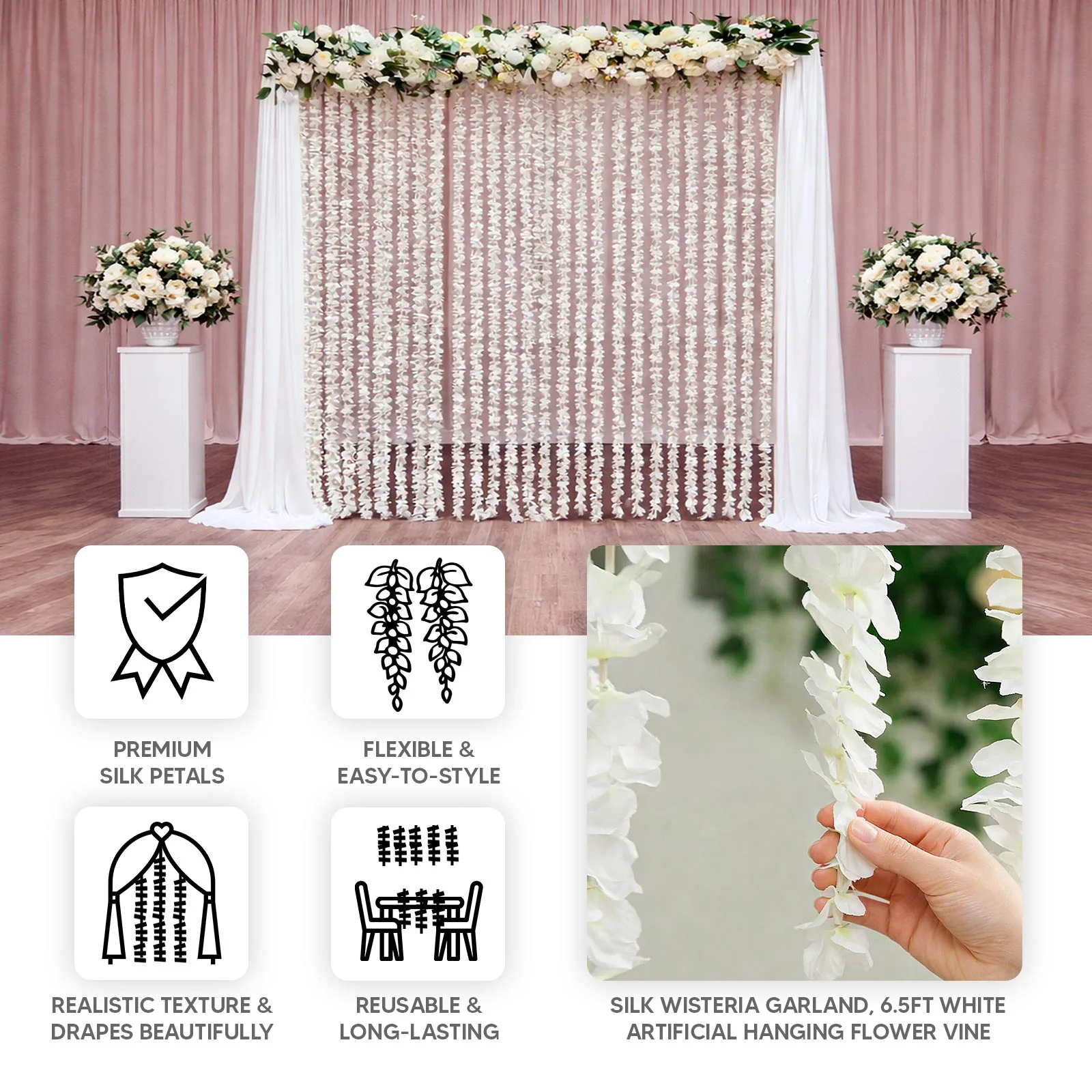 10 Pack White Wisteria Vines Artificial Flower Garlands, Hanging Silk Flowers Wedding Arch Garden Wall Decor - 6.5ft - Image 3