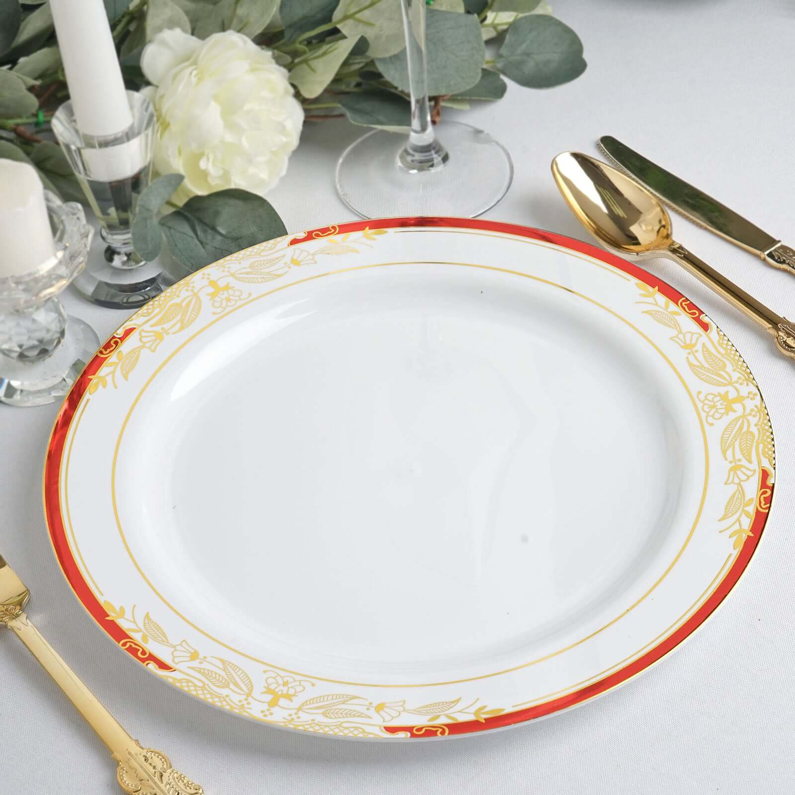 10 Pack White With Red Rim Plastic Dinner Plates, Round With Gold Vine Design 10" - Image 11