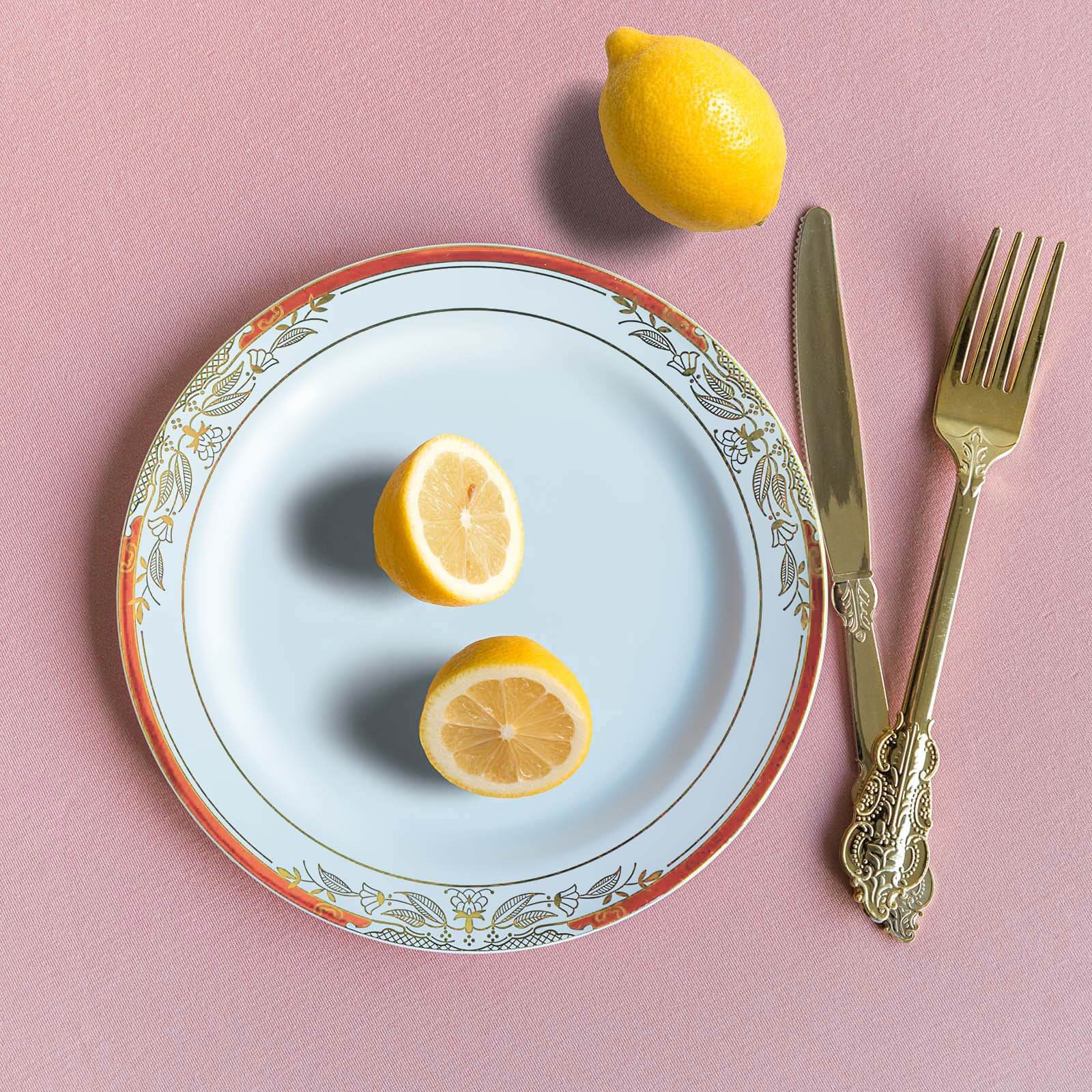 10 Pack White With Red Rim Plastic Dinner Plates, Round With Gold Vine Design 10" - Image 12