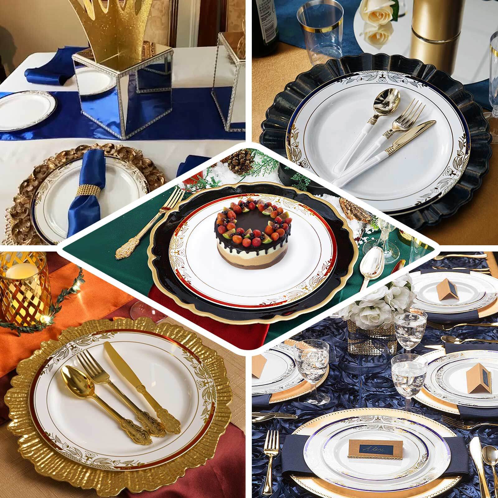 10 Pack White With Red Rim Plastic Dinner Plates, Round With Gold Vine Design 10" - Image 5
