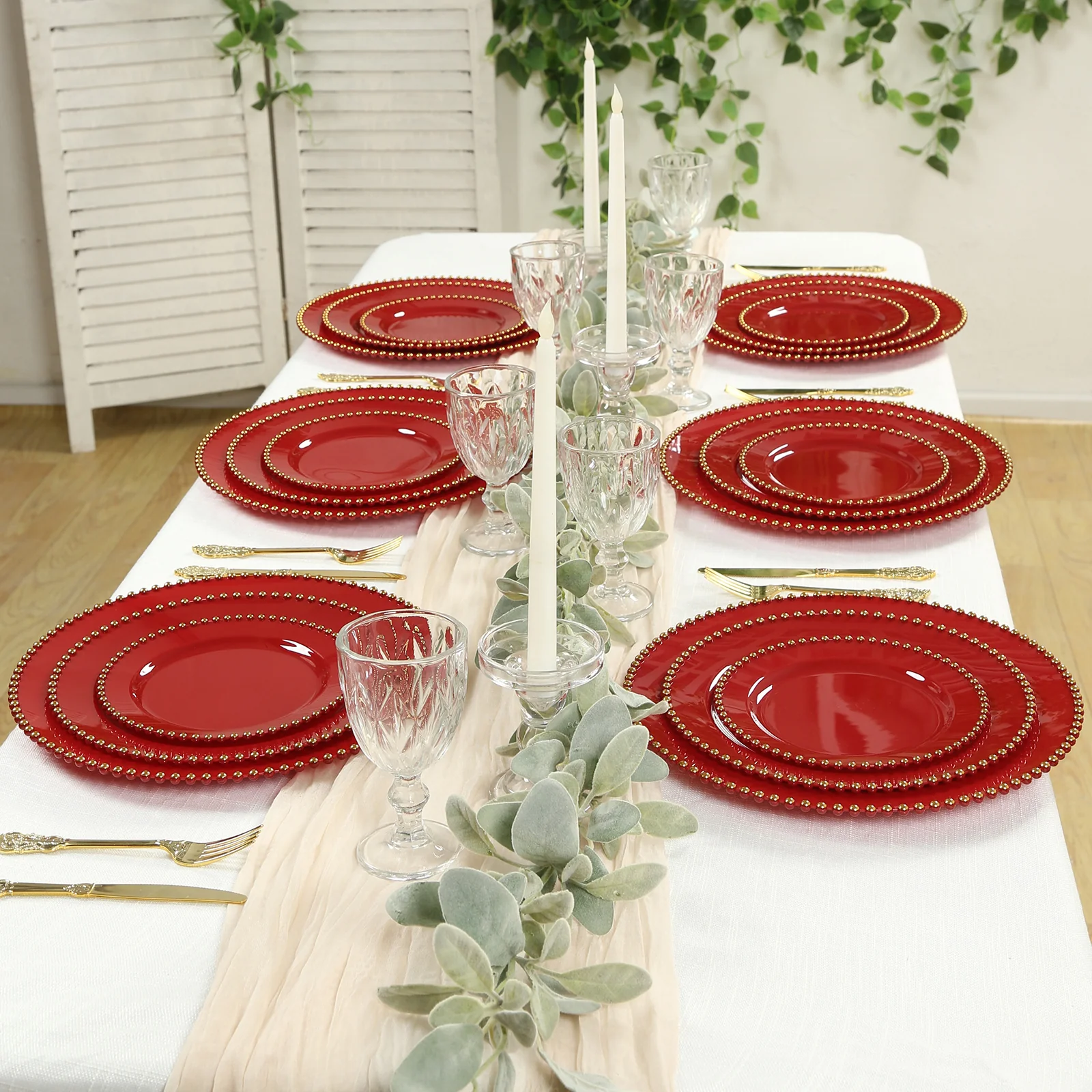 10-Pack Plastic Round Dinner Plates 10" Red with Gold Beaded Rim - Disposable Party Plates for Stylish Gatherings & Celebrations - Image 6