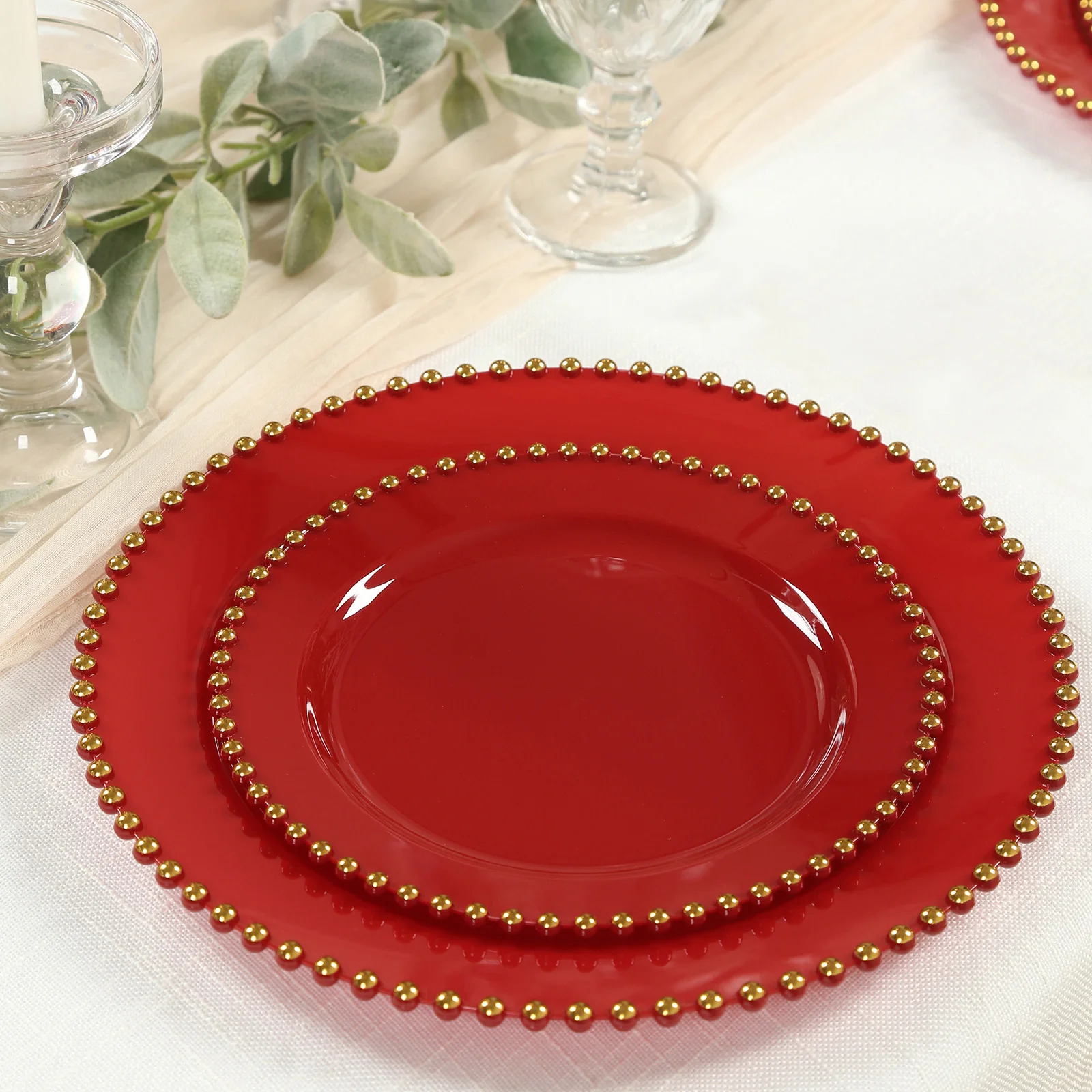 10-Pack Plastic Round Dinner Plates 10" Red with Gold Beaded Rim - Disposable Party Plates for Stylish Gatherings & Celebrations - Image 7