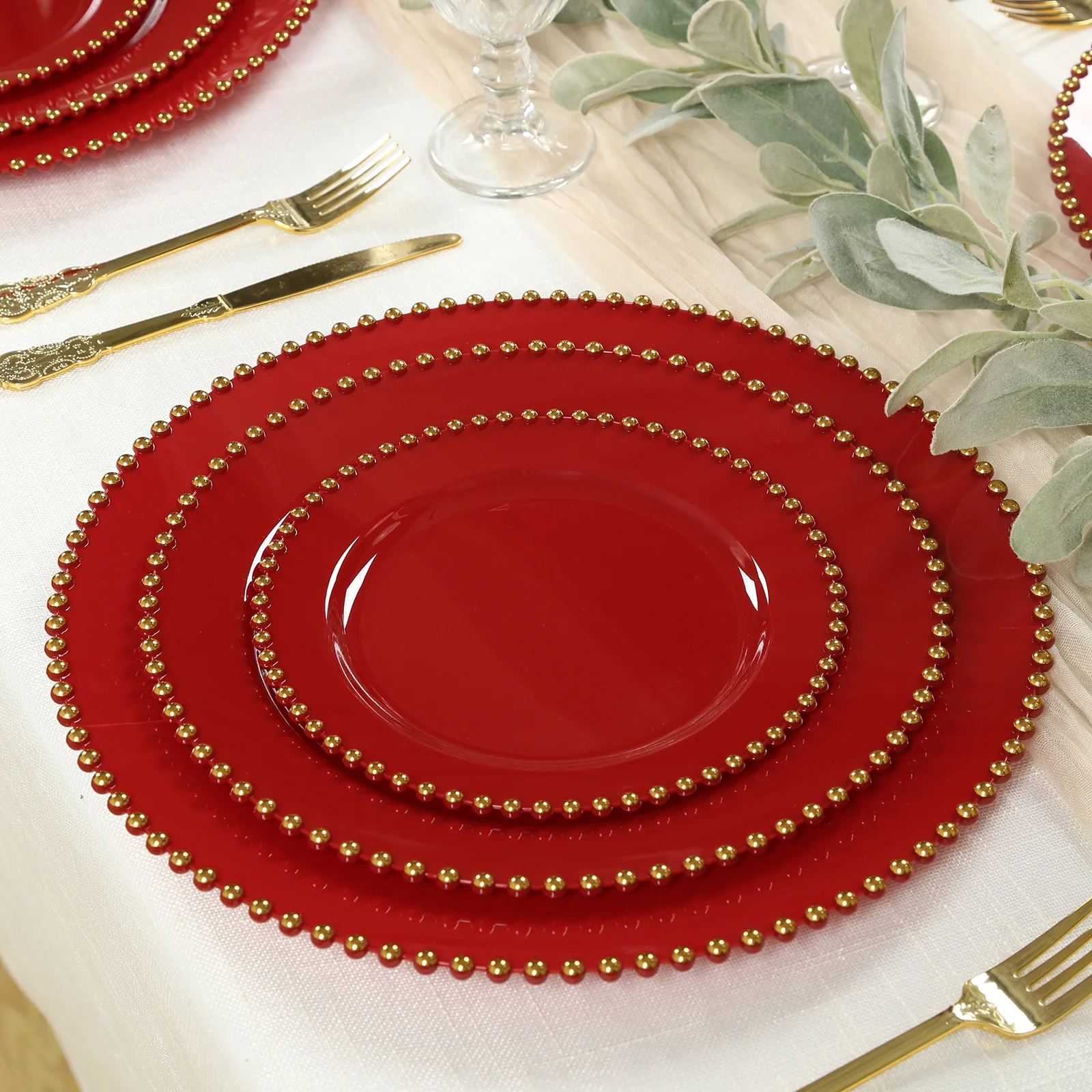 10-Pack Plastic Round Dinner Plates 10" Red with Gold Beaded Rim - Disposable Party Plates for Stylish Gatherings & Celebrations - Image 8