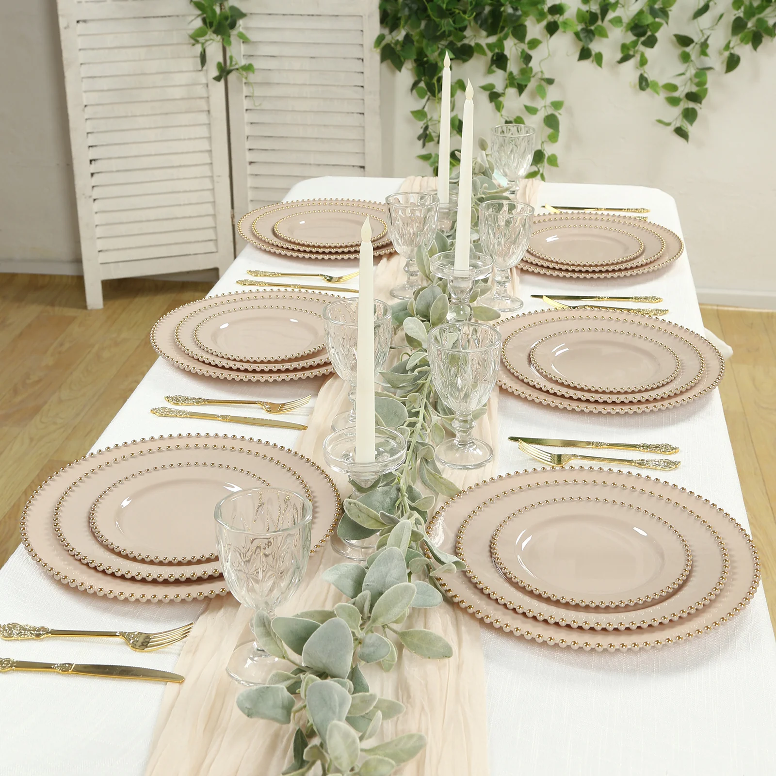 10-Pack Plastic Round Dinner Plates 10" Taupe with Gold Beaded Rim - Disposable Party Plates for Stylish Gatherings & Celebrations - Image 6