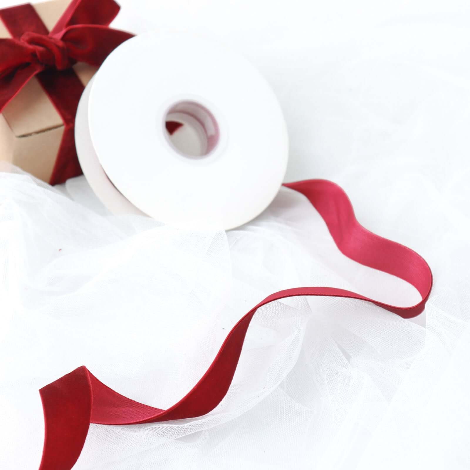 Burgundy Velvet Single Faced Ribbon Spool, DIY Craft Supplies, Velvet and Nylon Ribbon Roll 10 Yards 1" - Image 2