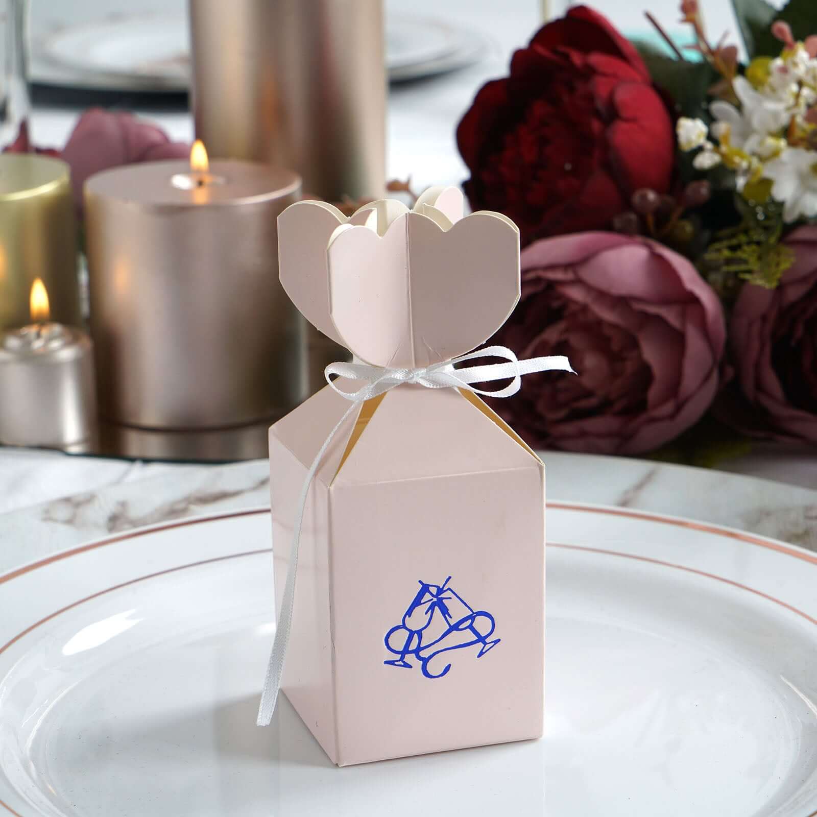 100 Pack Floral Top Personalized Wedding Favor Gift Boxes With Large Emblem And Satin Ribbon Tie 5" - Image 2