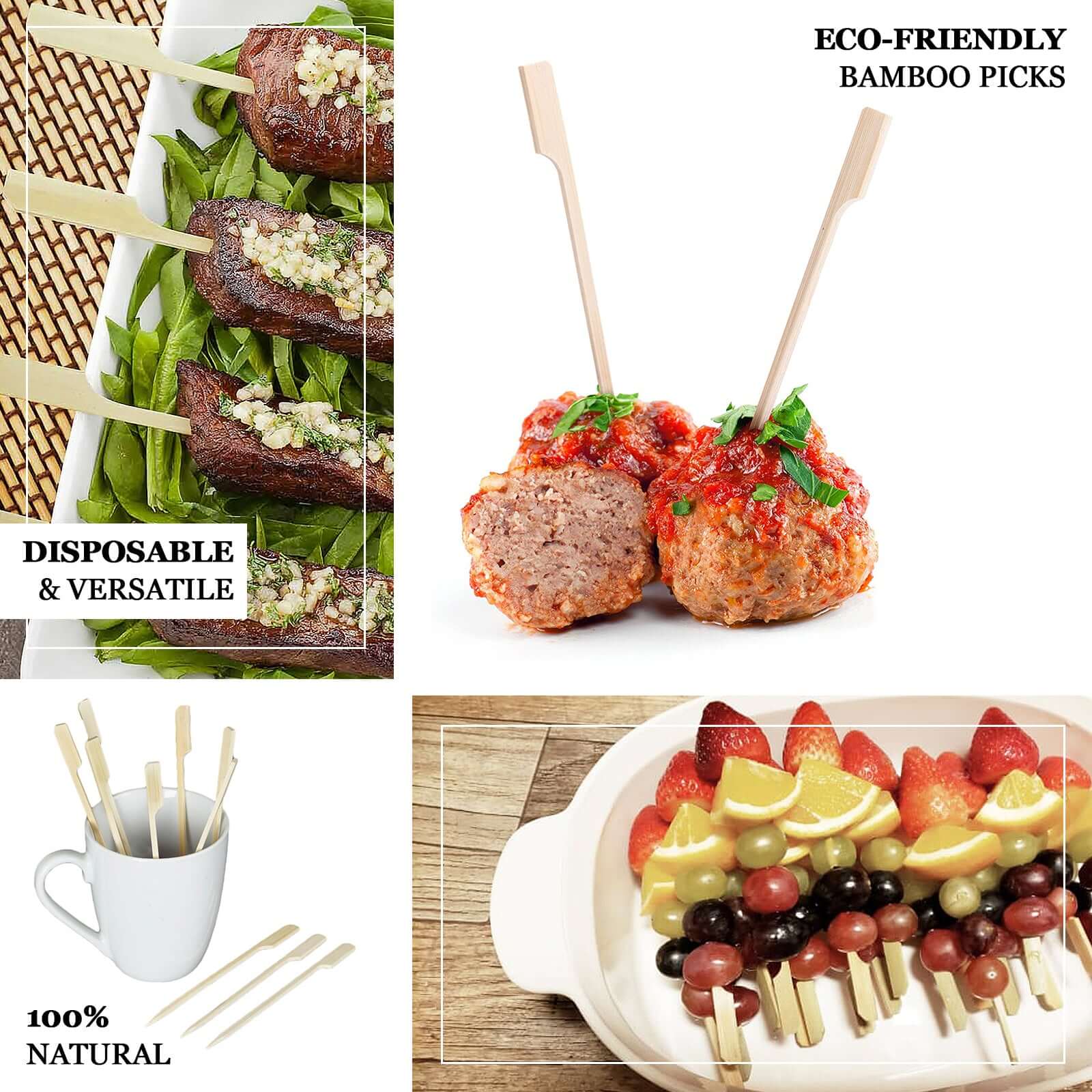100-Pack Bamboo Skewers 6" Natural Paddle Shaped - Eco Friendly Wooden Cocktail Picks for Appetizers Fruit Kabobs & Party Platter Displays - Image 4
