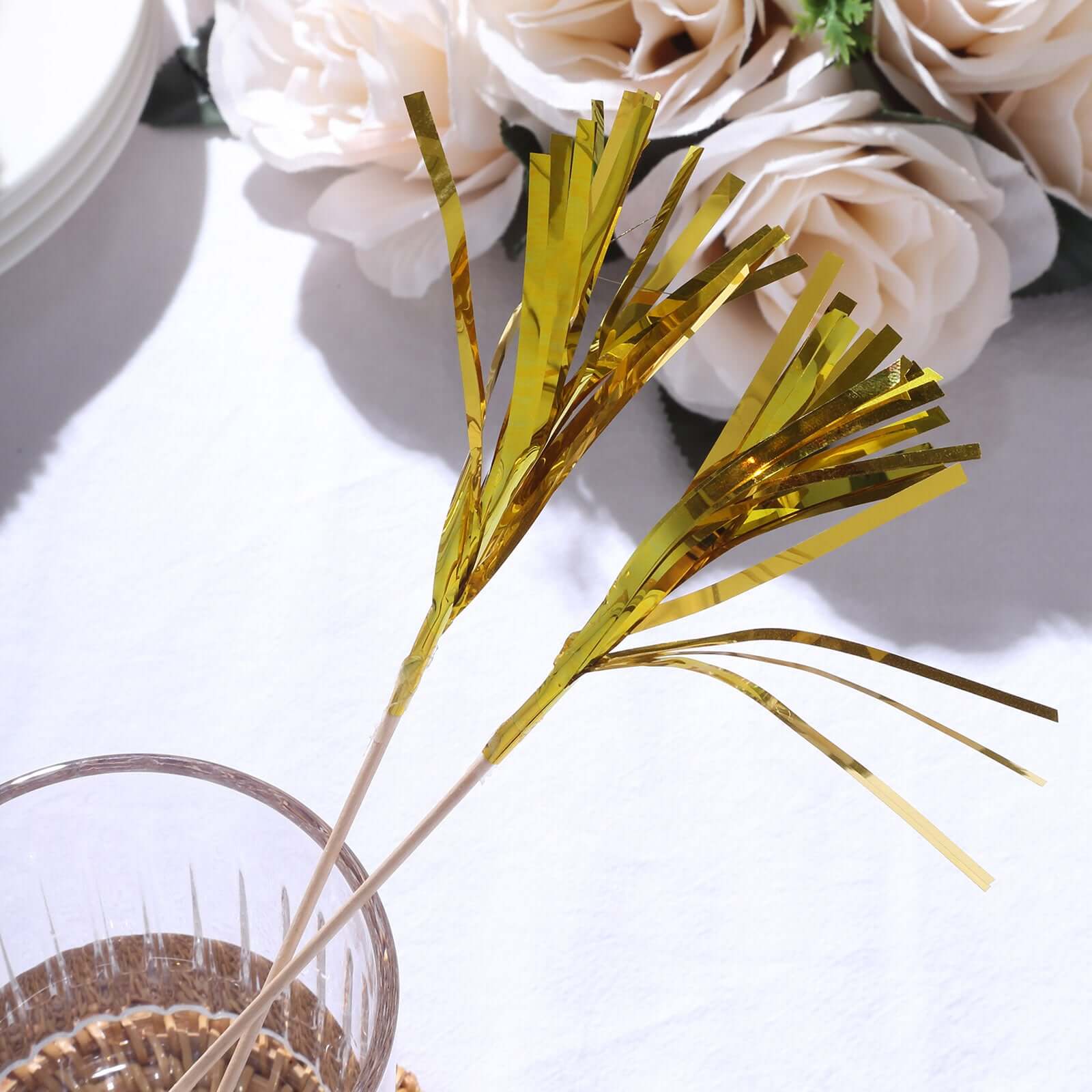 100-Pack Bamboo Skewers 9", Gold Firework Festive Foil Frills Cupcake Toppers - Cocktail Food Picks - Image 2