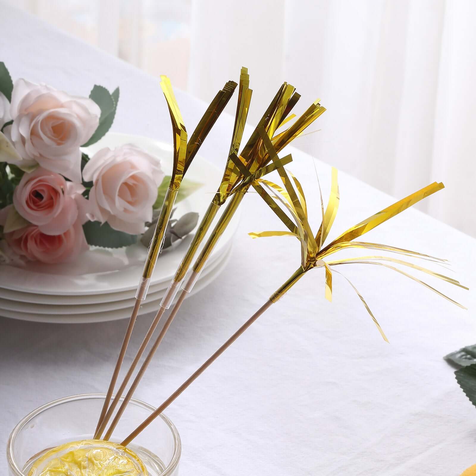 100-Pack Bamboo Skewers 9", Gold Firework Festive Foil Frills Cupcake Toppers - Cocktail Food Picks - Image 9