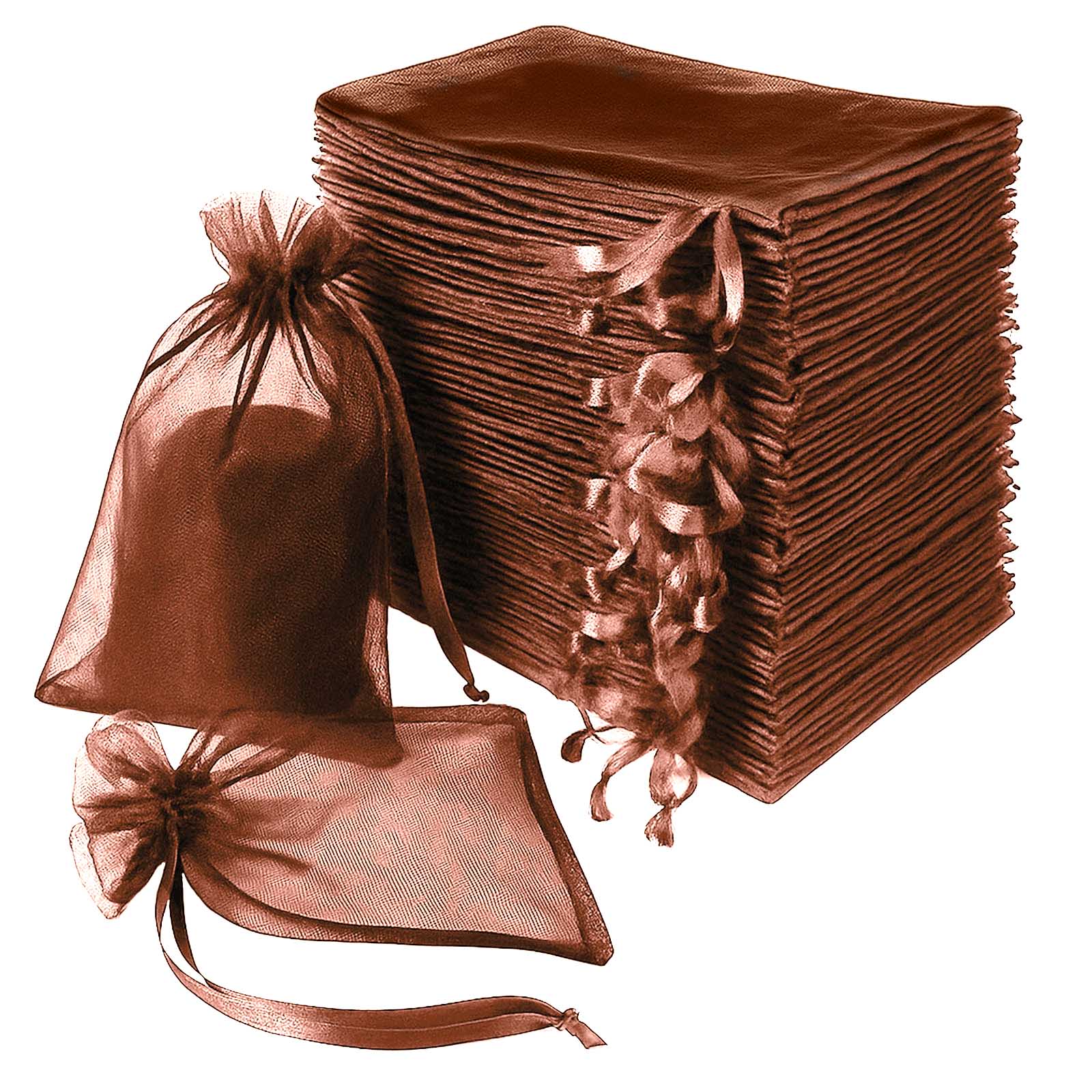 100 Pack Chocolate Organza Drawstring Gift Bags, 6" x 9" – Wedding Party Favor Bags
