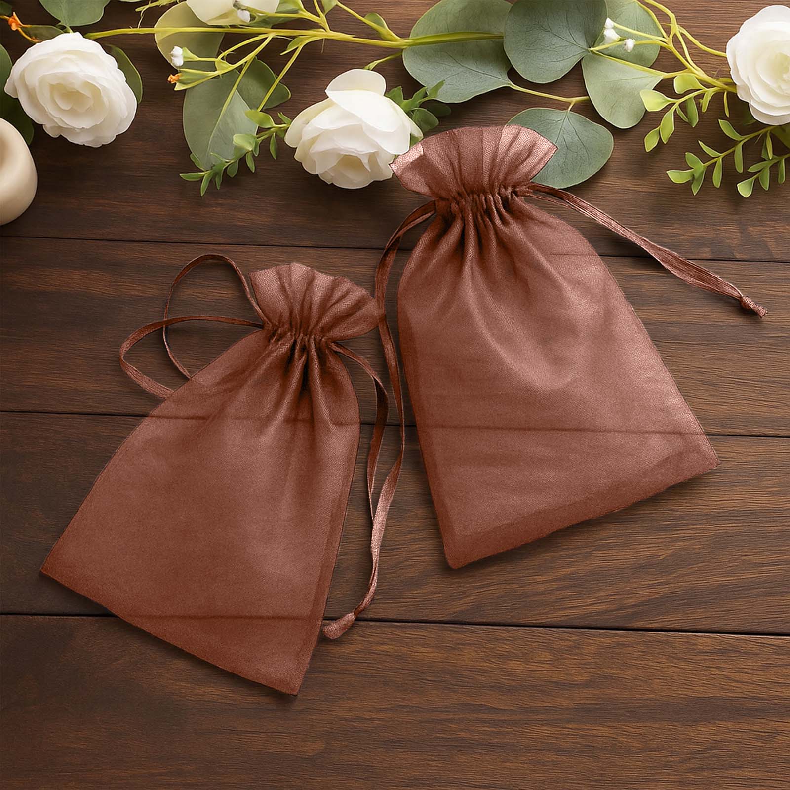 100 Pack Chocolate Organza Drawstring Gift Bags, 6" x 9" – Wedding Party Favor Bags - Image 8