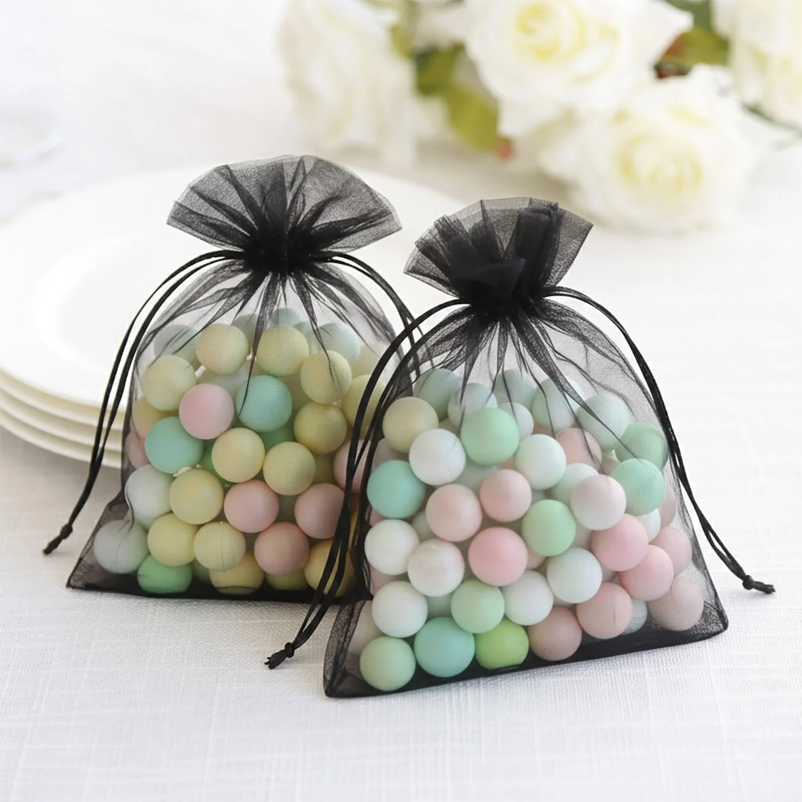 100 Pack Black Organza Drawstring Gift Bags, 5" x 7" – Wedding Party Favor Bags - Image 10