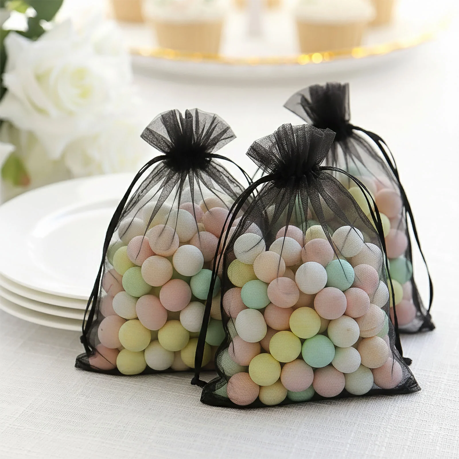 100 Pack Black Organza Drawstring Gift Bags, 5" x 7" – Wedding Party Favor Bags - Image 8