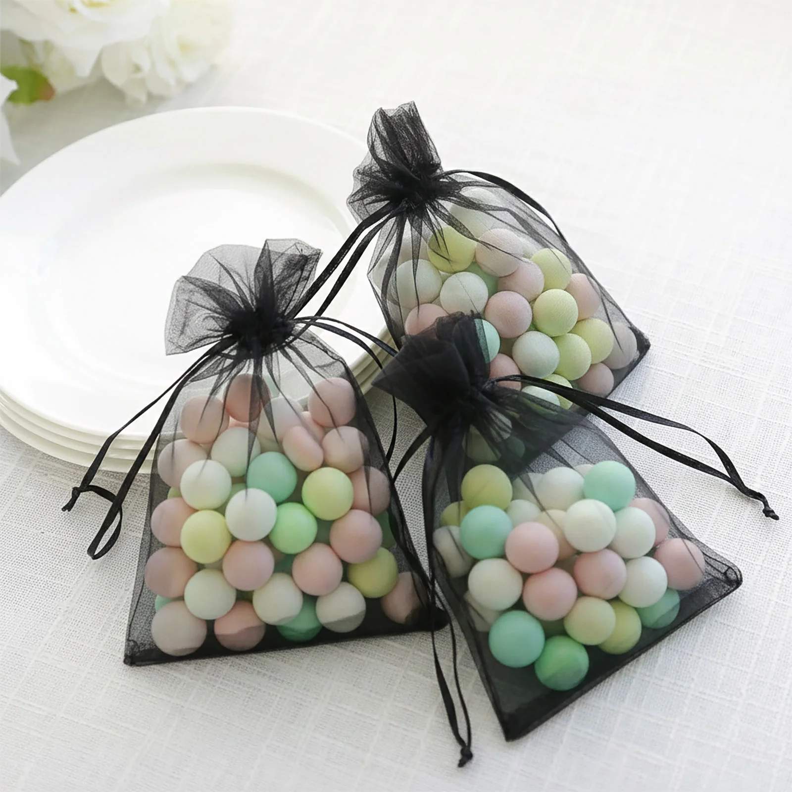 100 Pack Black Organza Drawstring Gift Bags, 5" x 7" – Wedding Party Favor Bags - Image 9