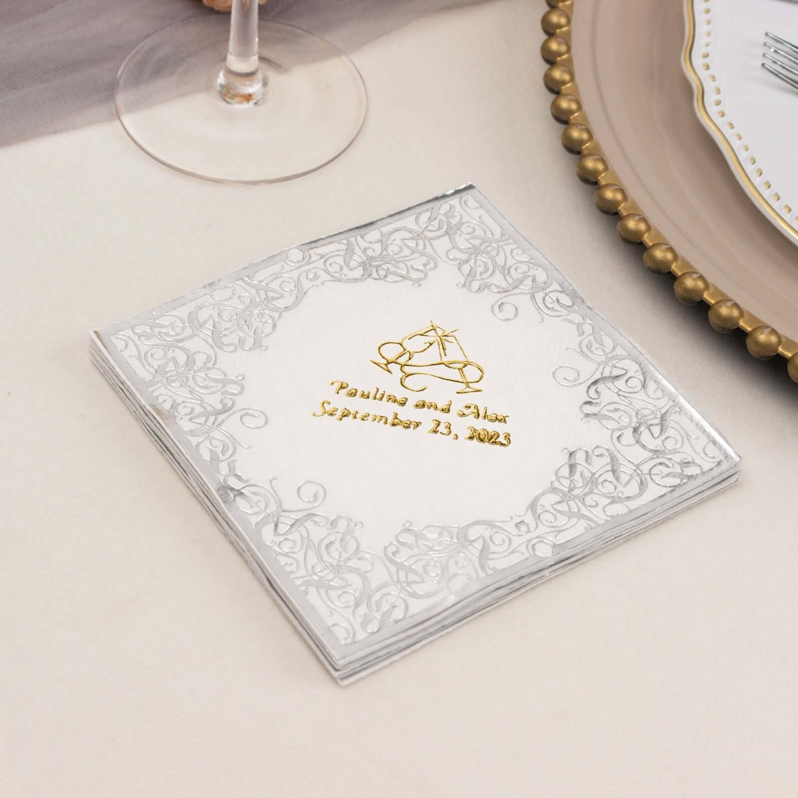 100-Pack Paper Cocktail Napkins 3-Ply Personalized Large Emblem with Foil Lace Design White - Custom Dinner Napkins - Image 2