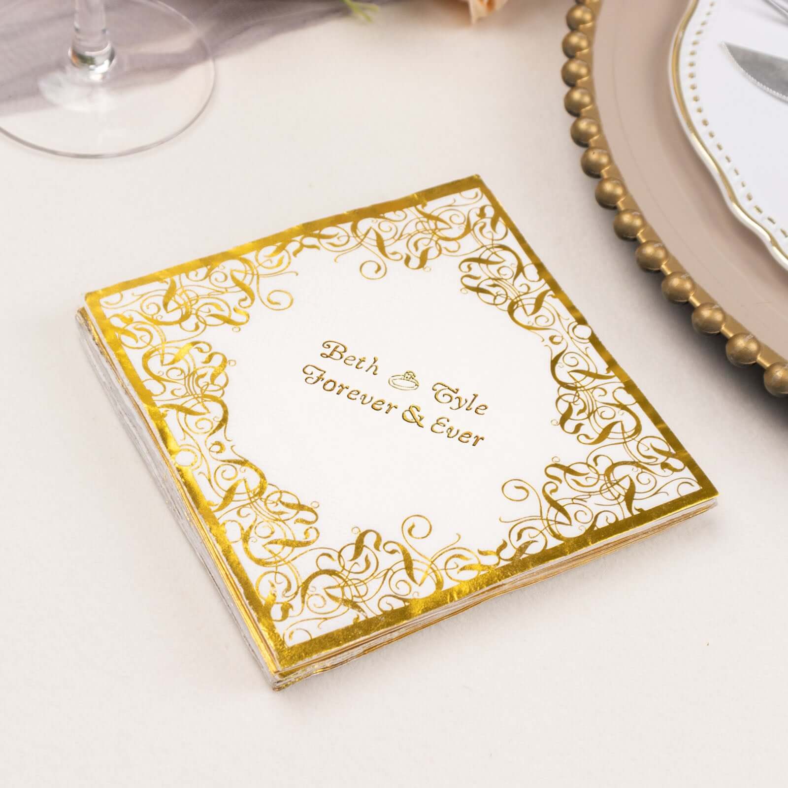100-Pack Paper Cocktail Napkins White 3-Ply Personalized Small Emblem with Foil Lace Design - Custom Dinner Napkins
