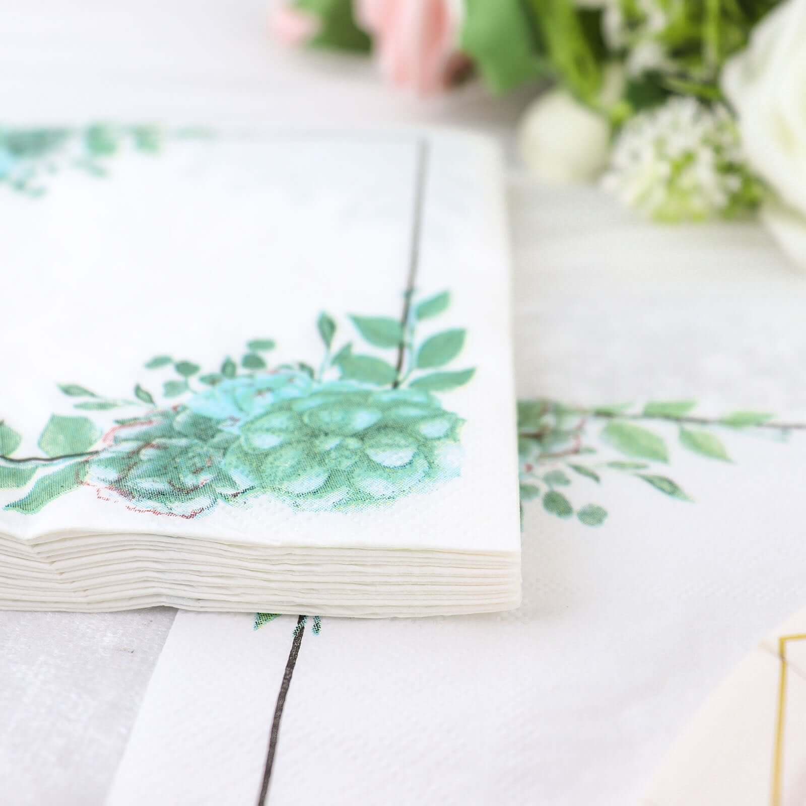 100-Pack Paper Dinner Napkins Personalized Large Emblem with Floral Design White/Green - Custom Wedding Napkins - Image 2