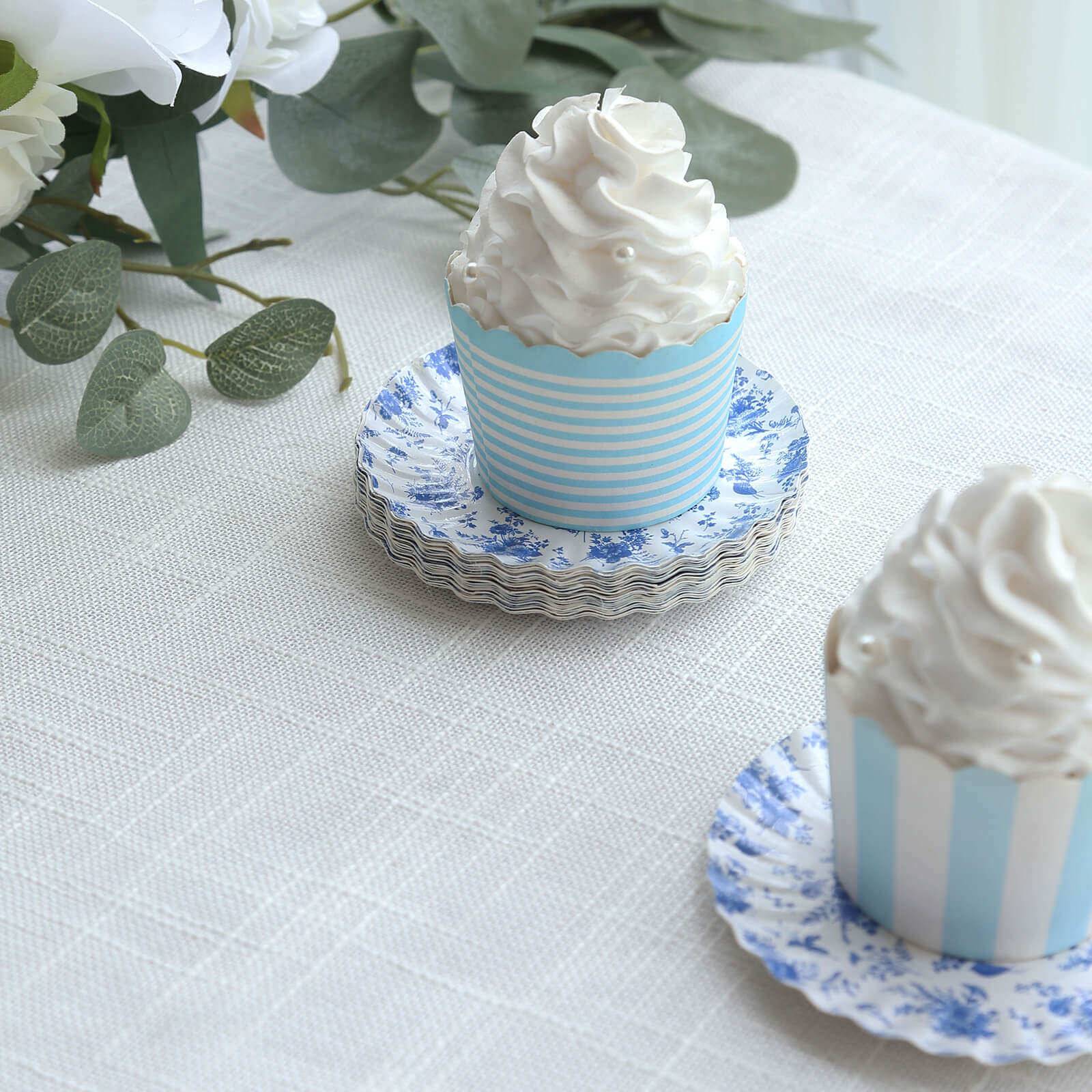 100-Pack Paper Round Plates 3.5" White with Blue French Toile Design & Scalloped Rim - 250GSM Disposable Mini Dessert Party Plates for Tapas, Appetizers & Finger Foods - Image 2